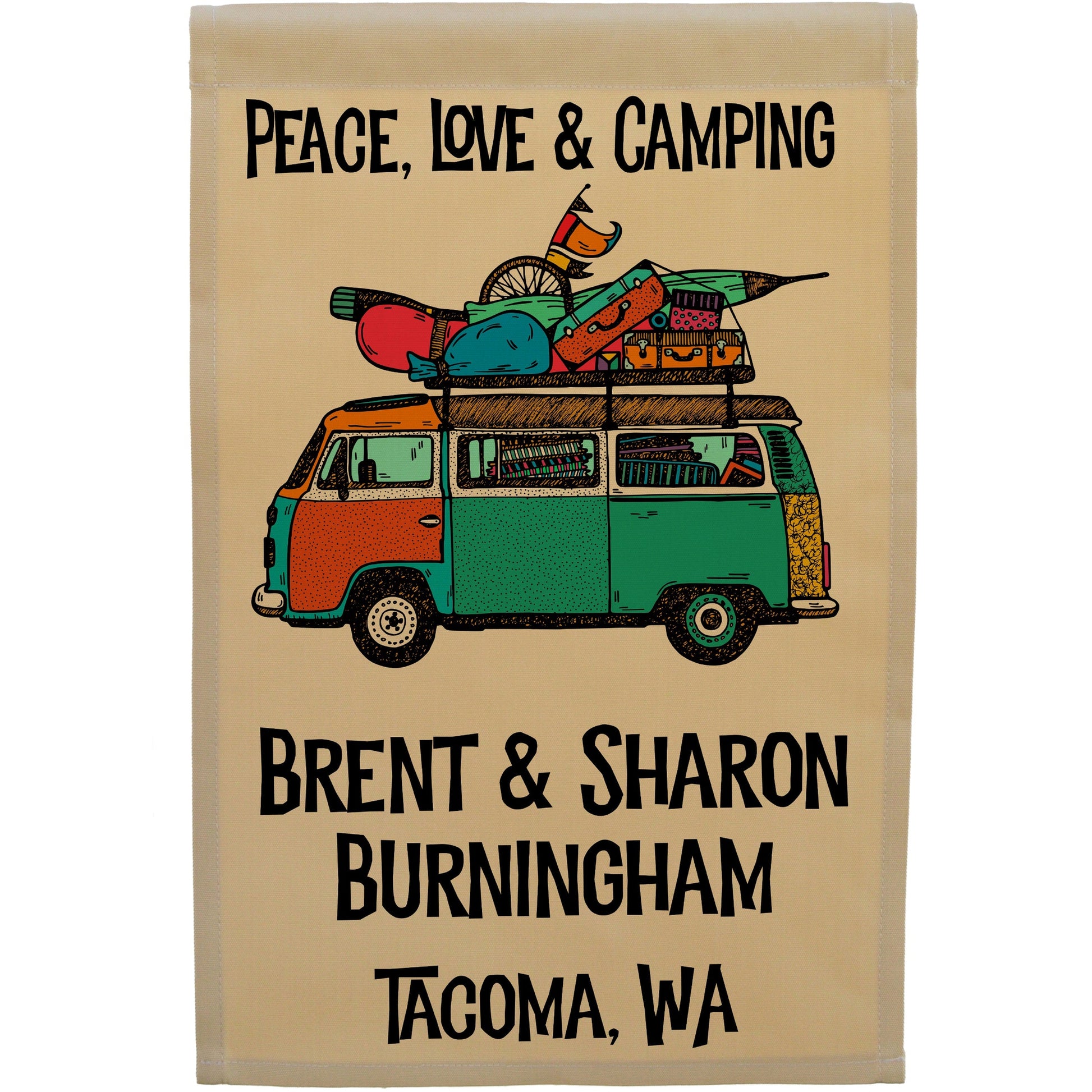 Peace, Love & Camping Personalized Camping Flag with Hippie Van on Tan Fabric