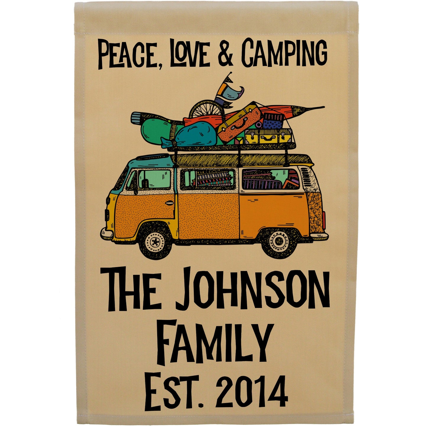 Peace, Love & Camping Personalized Camping Flag with Hippie Van on Tan Fabric