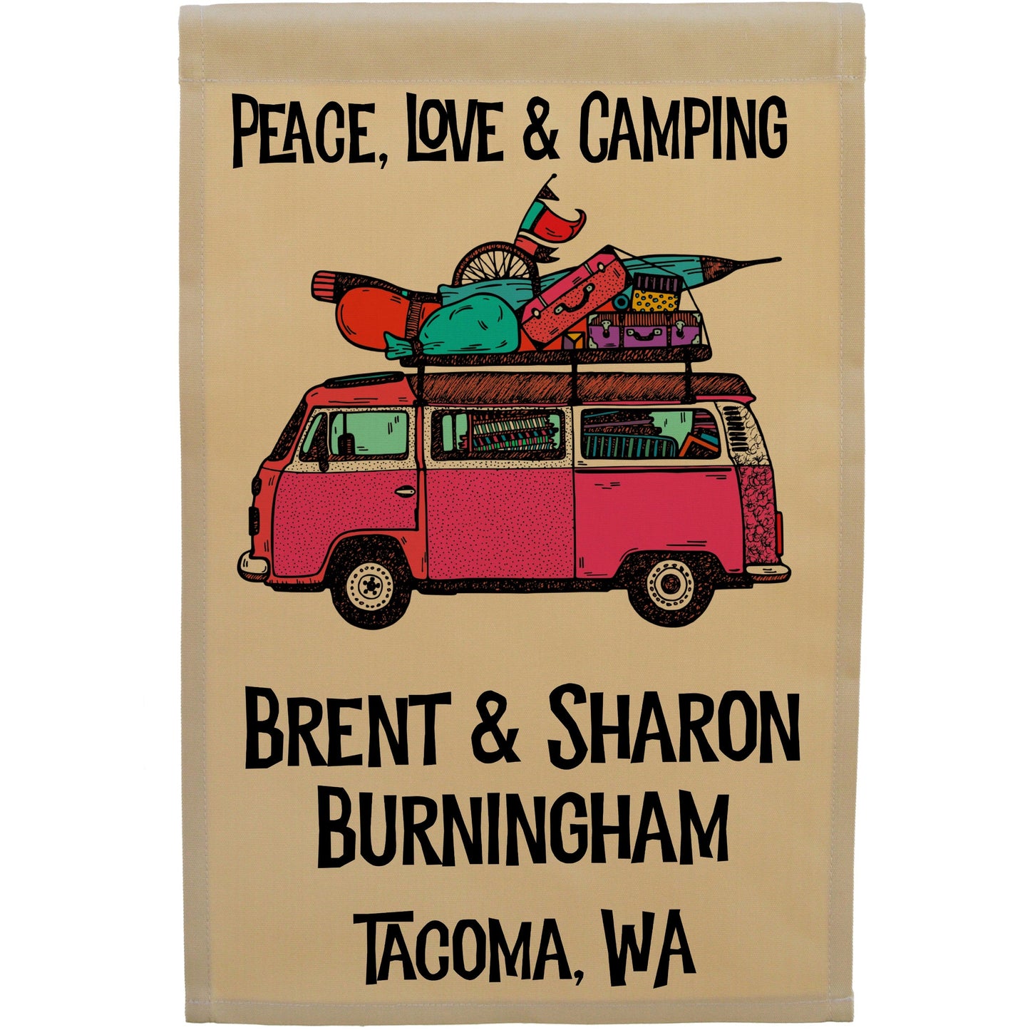 Peace, Love & Camping Personalized Camping Flag with Hippie Van on Tan Fabric