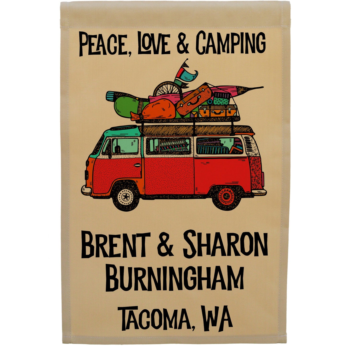 Peace, Love & Camping Personalized Camping Flag with Hippie Van on Tan Fabric