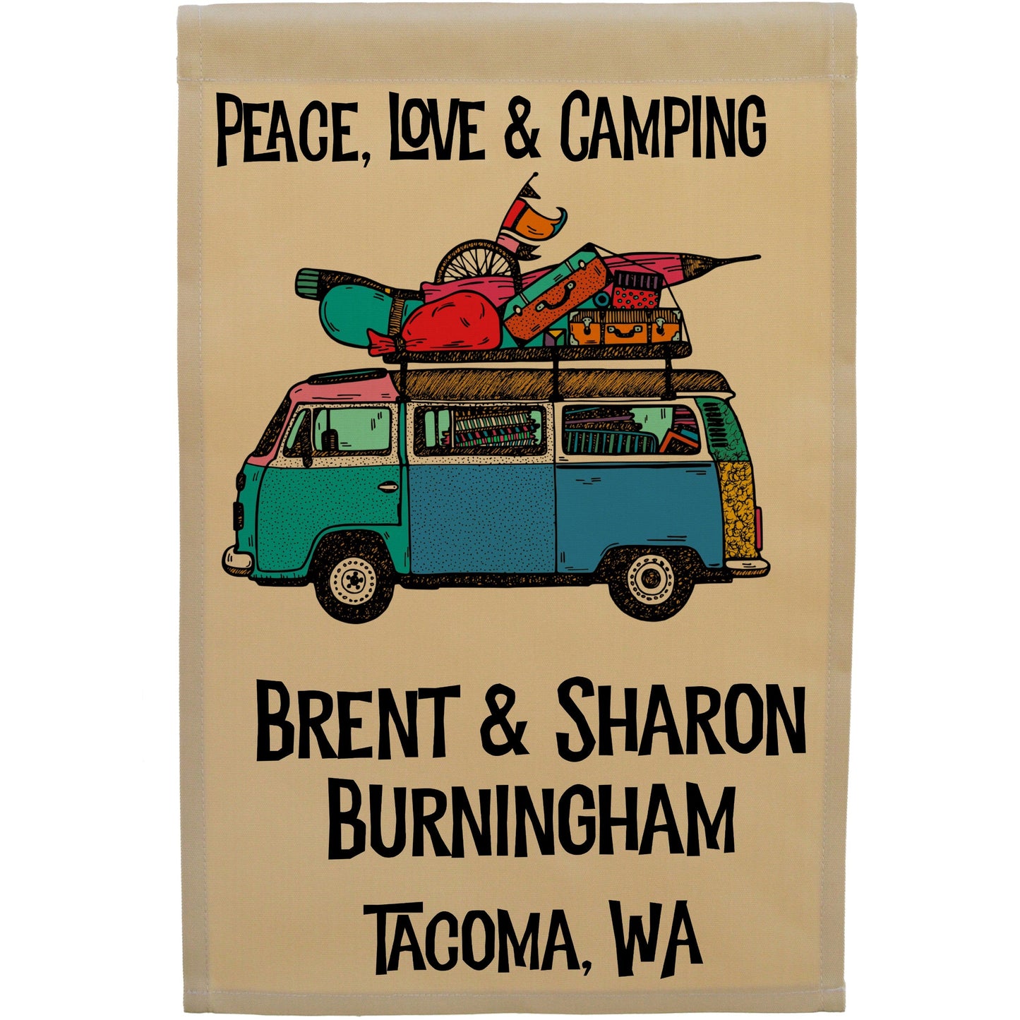 Peace, Love & Camping Personalized Camping Flag with Hippie Van on Tan Fabric