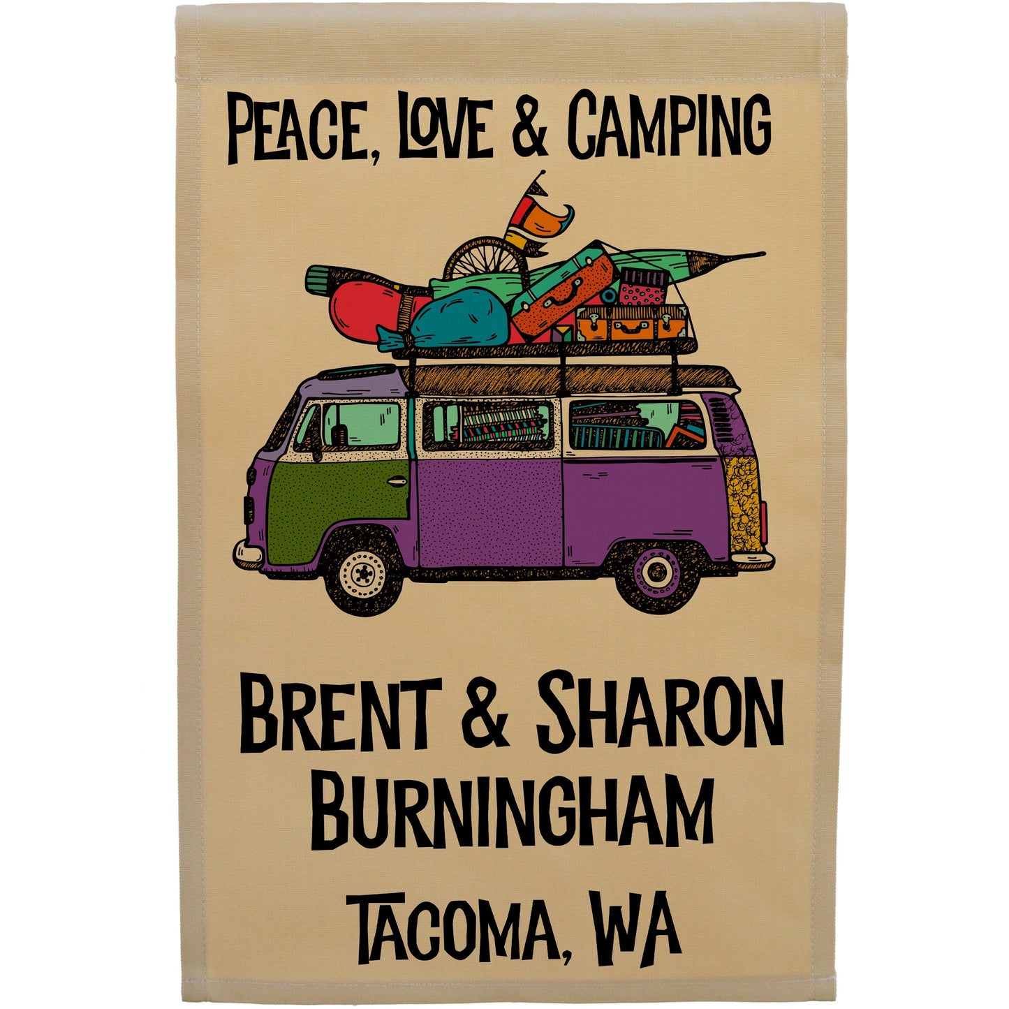 Peace, Love & Camping Personalized Camping Flag with Hippie Van on Tan Fabric