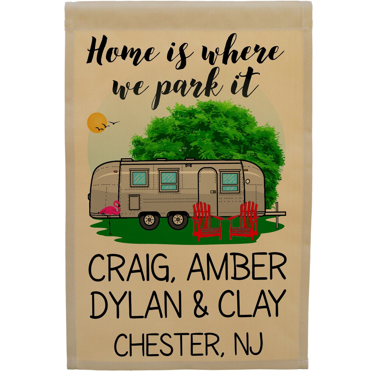 Home is Where We Park It Personalized Camping Flag With Airstream Trailer
