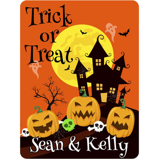 Trick or Treat Personalized Halloween Aluminum Sign With Mansion, Full Moon, and Jack-O-Lanterns and Decorative Vintage Look