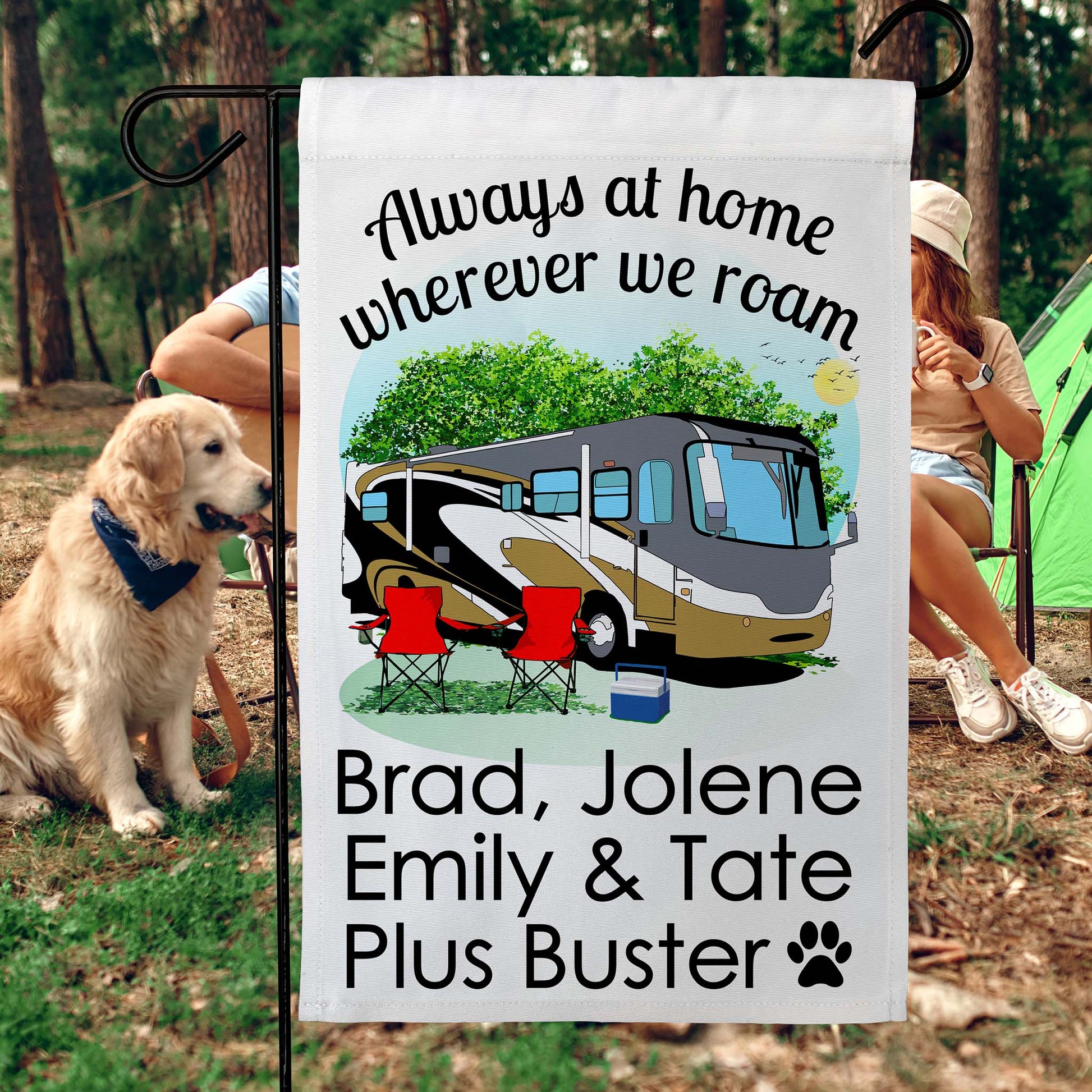 Always at Home Wherever We Roam Personalized Camping Flag with Class A Motorhome
