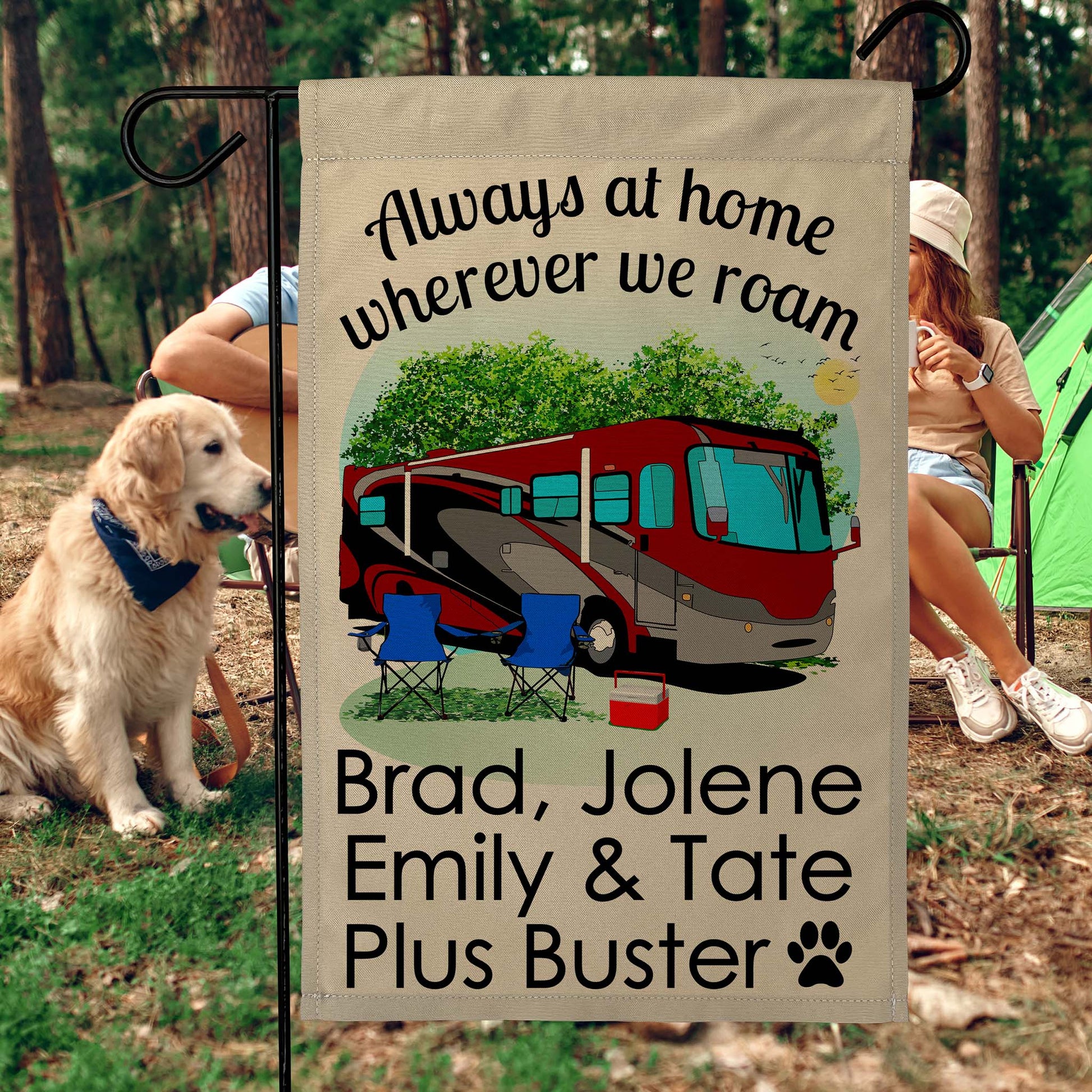Always at Home Wherever We Roam Personalized Camping Flag with Class A Motorhome