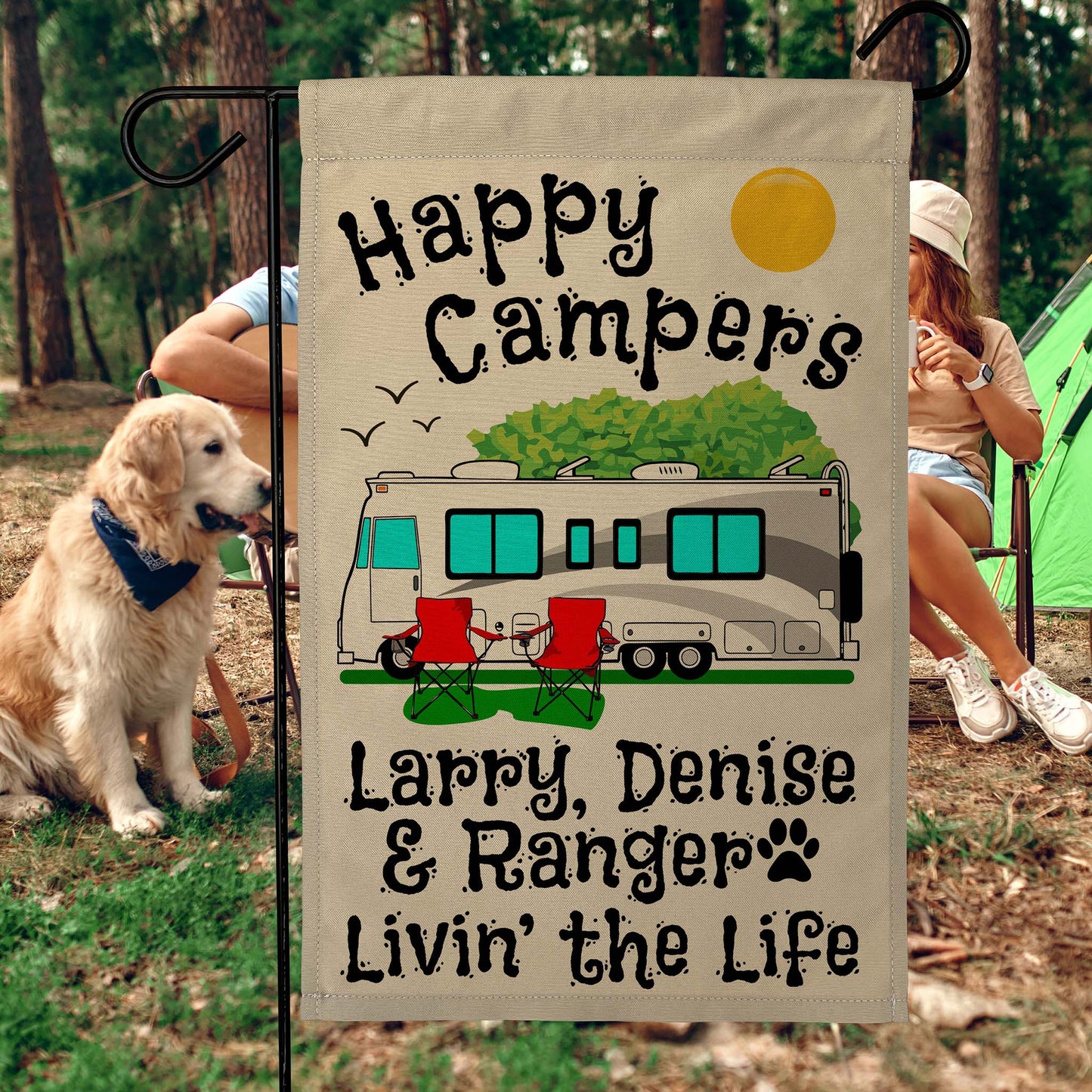 Happy Campers Personalized Camping Flag With Class A Motorhome