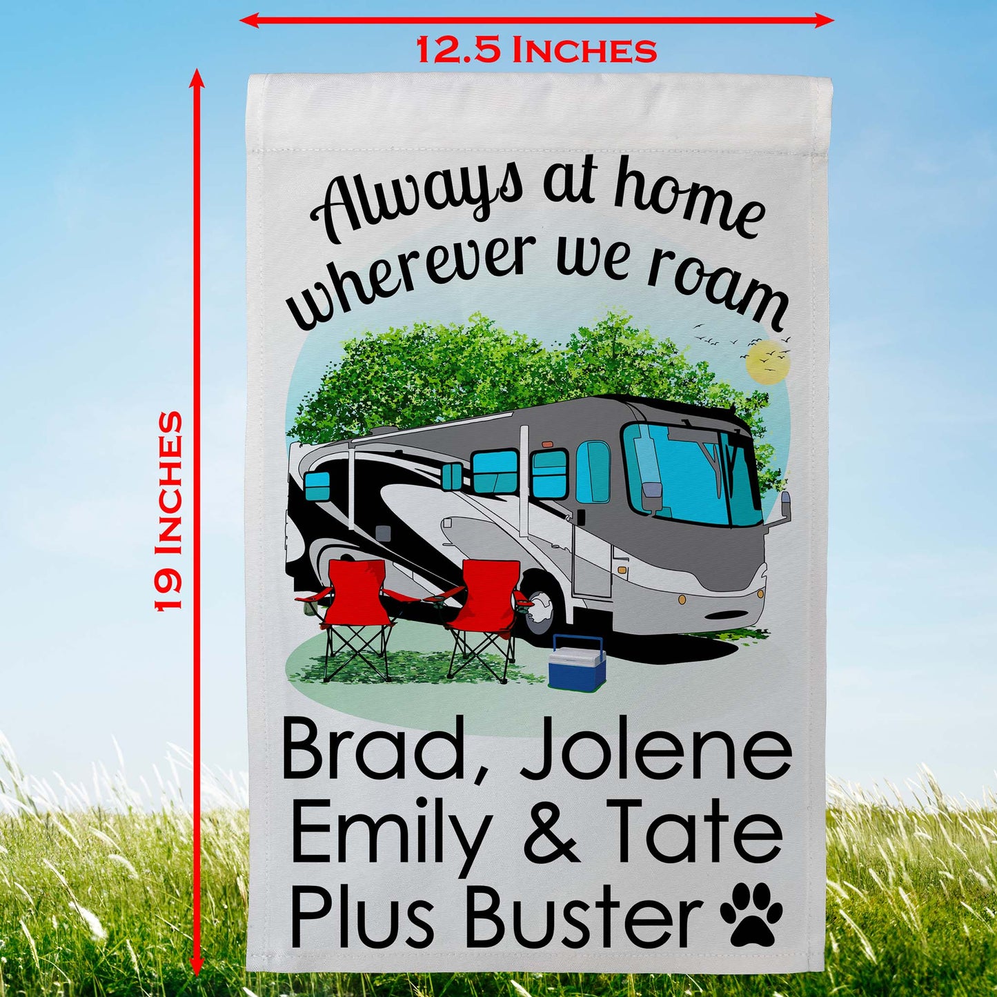 Always at Home Wherever We Roam Personalized Camping Flag with Class A Motorhome
