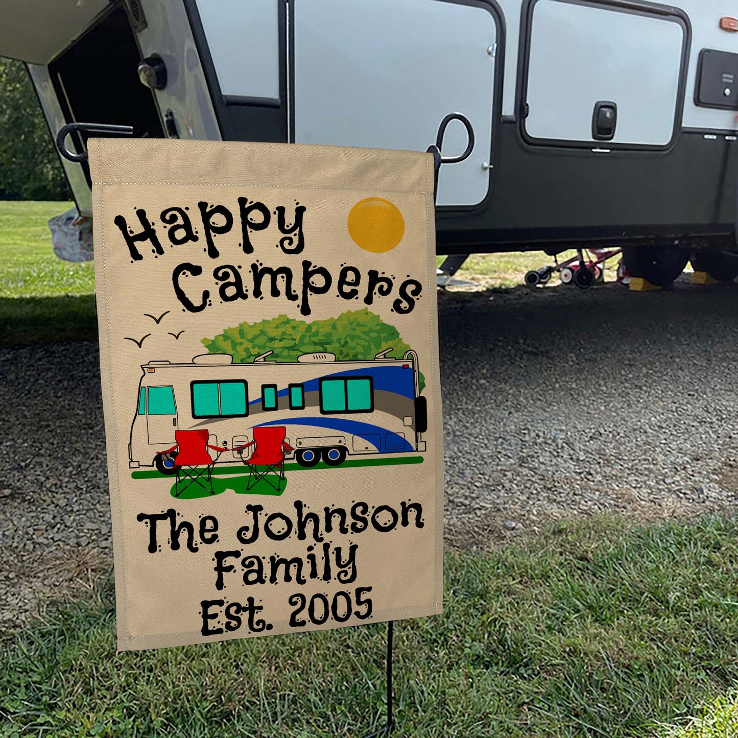 Happy Campers Personalized Camping Flag With Class A Motorhome
