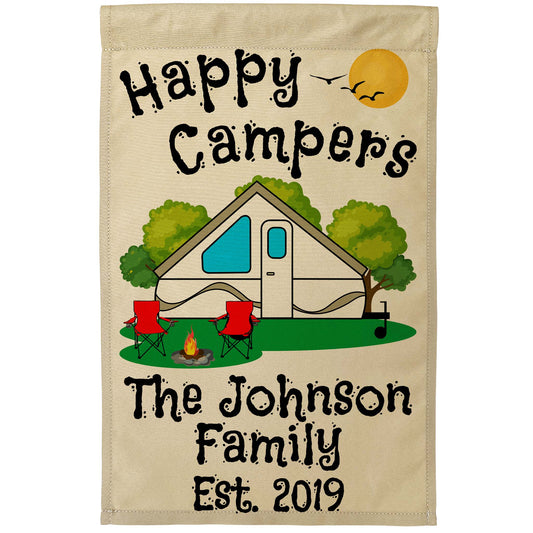 Happy Campers Personalized Camping Flag With Pop Up Camper on Tan Fabric