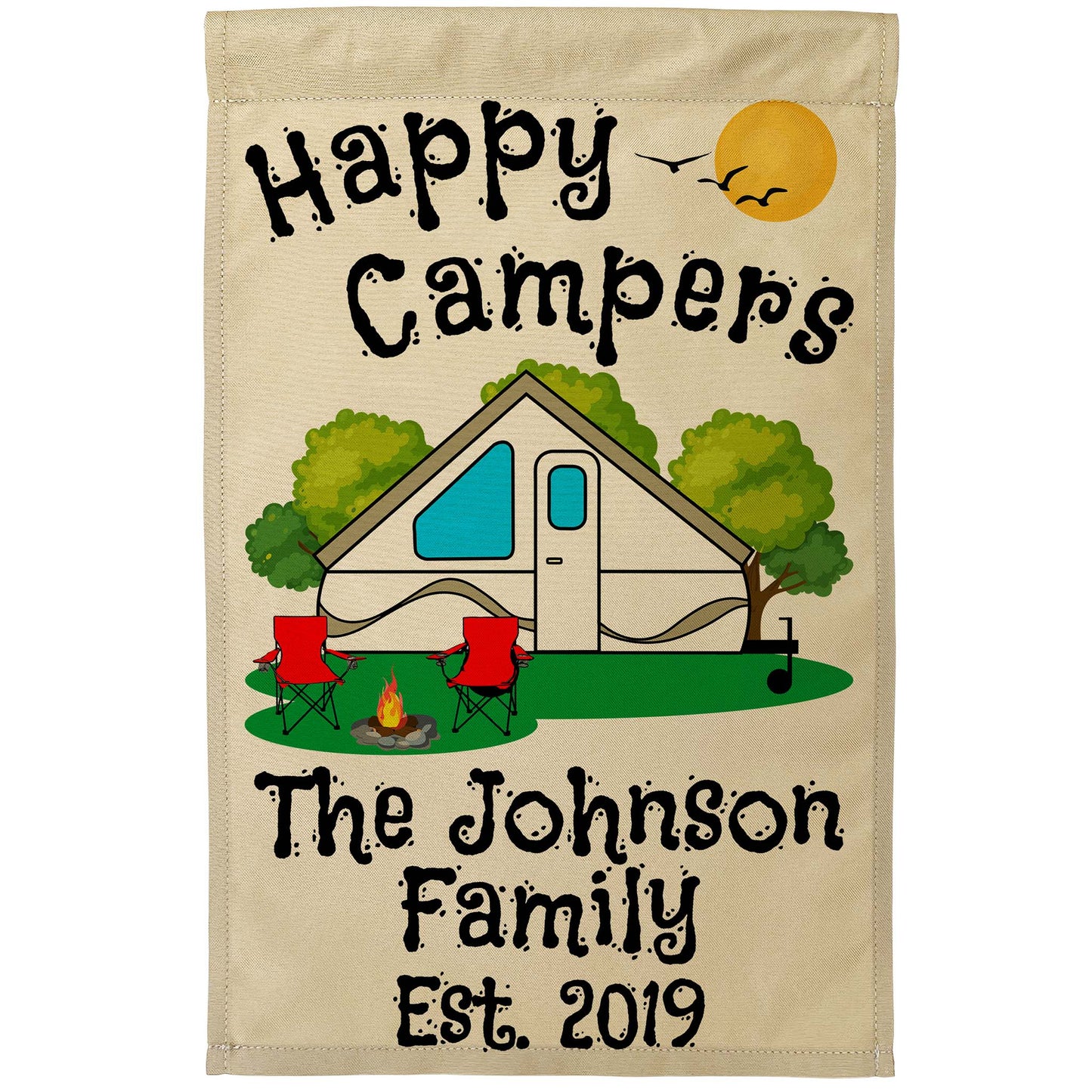 Happy Campers Personalized Camping Flag With Pop Up Camper on Tan Fabric