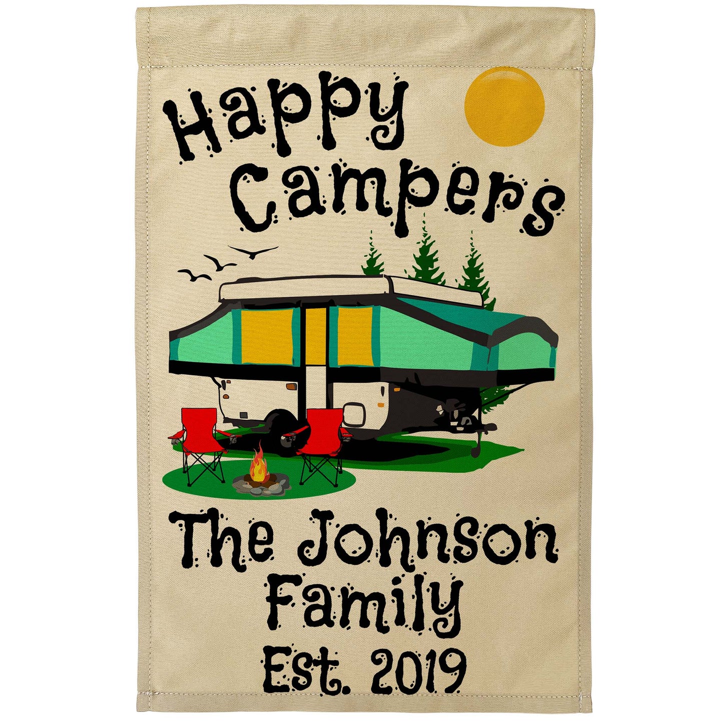 Happy Campers Personalized Camping Flag With Pop Up Camper on Tan Fabric