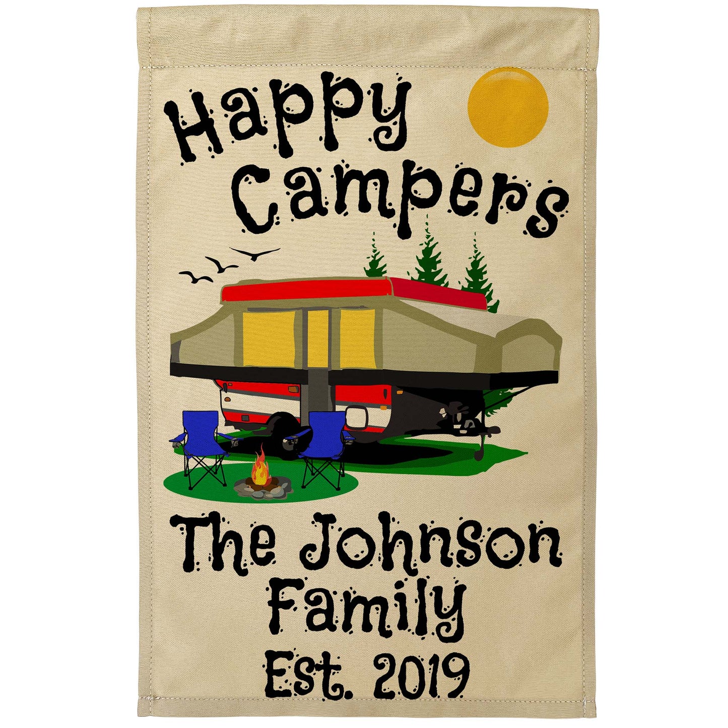 Happy Campers Personalized Camping Flag With Pop Up Camper on Tan Fabric