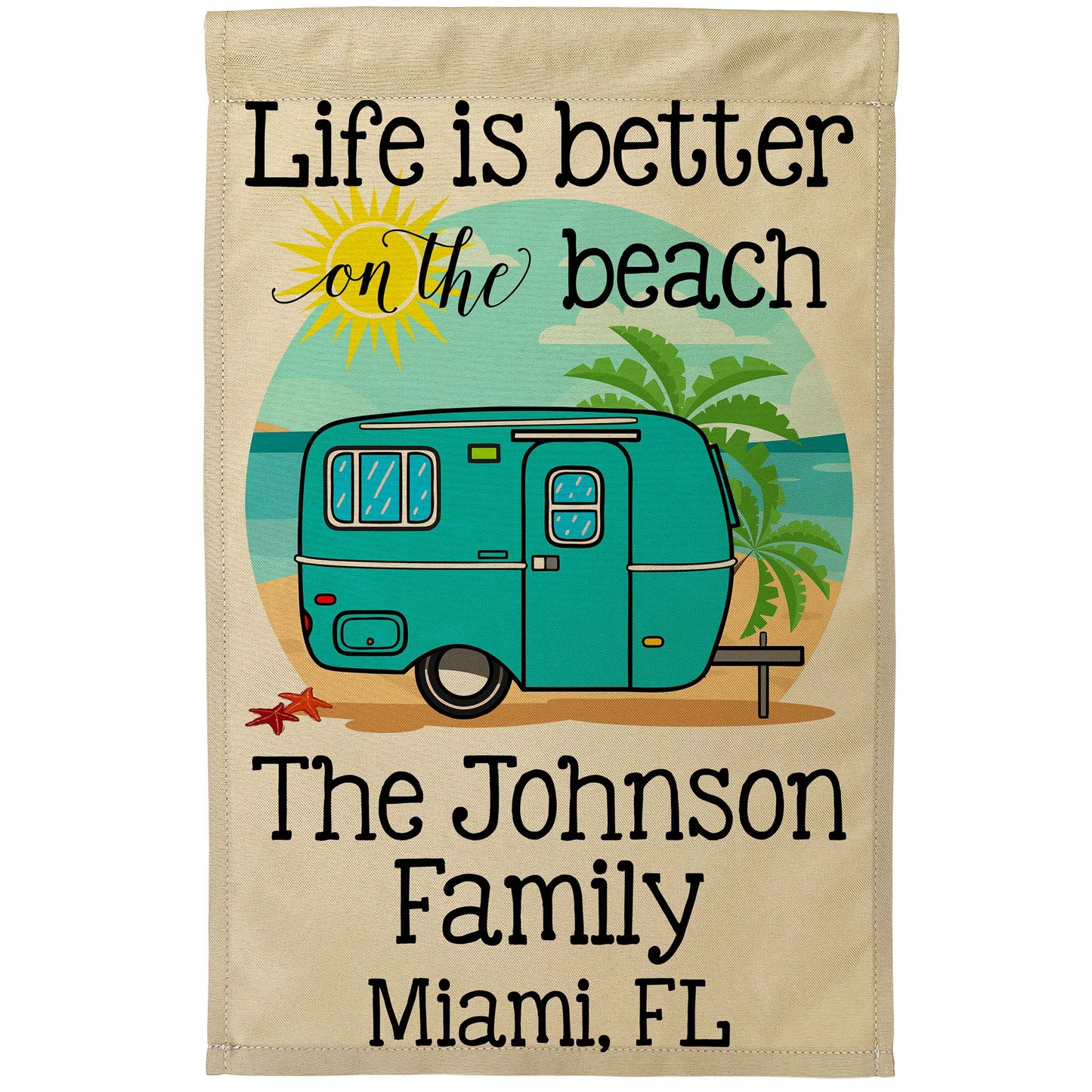 Life is Better on The Beach Personalized Camping Flag with Vintage Travel Trailer