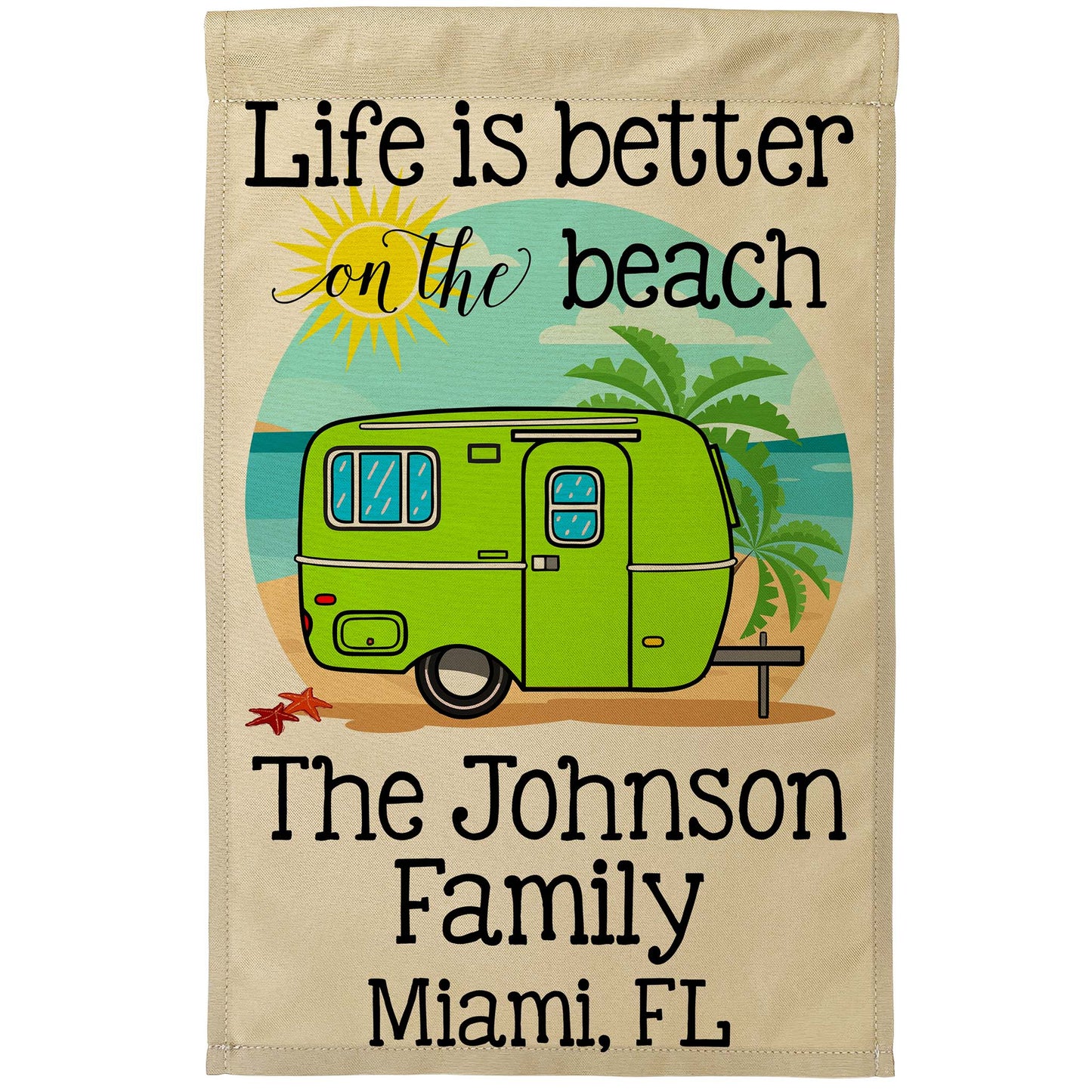 Life is Better on The Beach Personalized Camping Flag with Vintage Travel Trailer