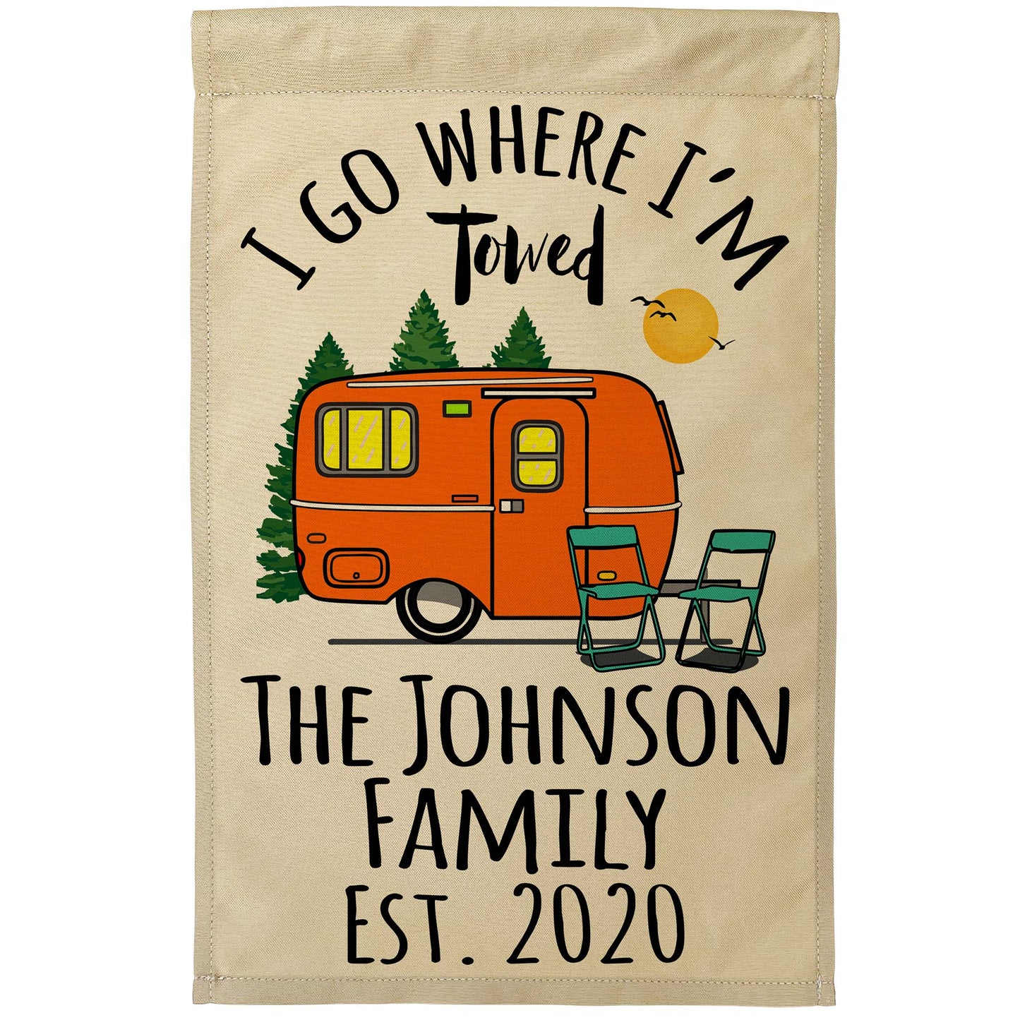 I Go Where I'm Towed Personalized Camping Flag with Vintage Travel Trailer