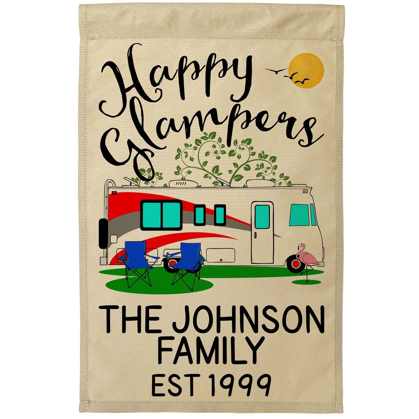 Happy Glampers Personalized Camping Flag with Class A Motorhome