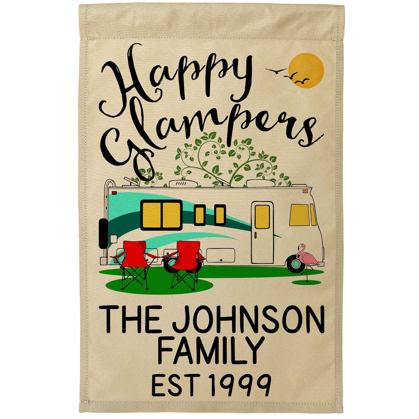 Happy Glampers Personalized Camping Flag with Class A Motorhome
