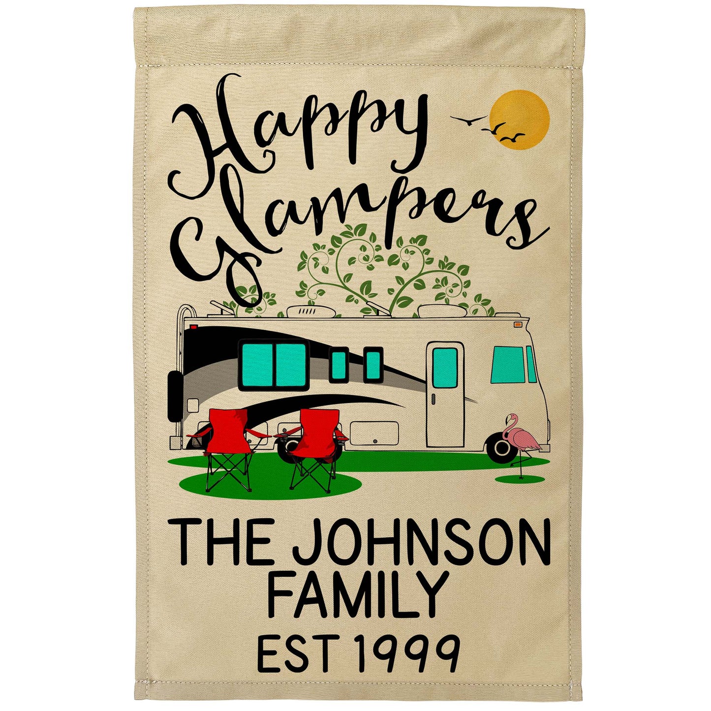 Happy Glampers Personalized Camping Flag with Class A Motorhome