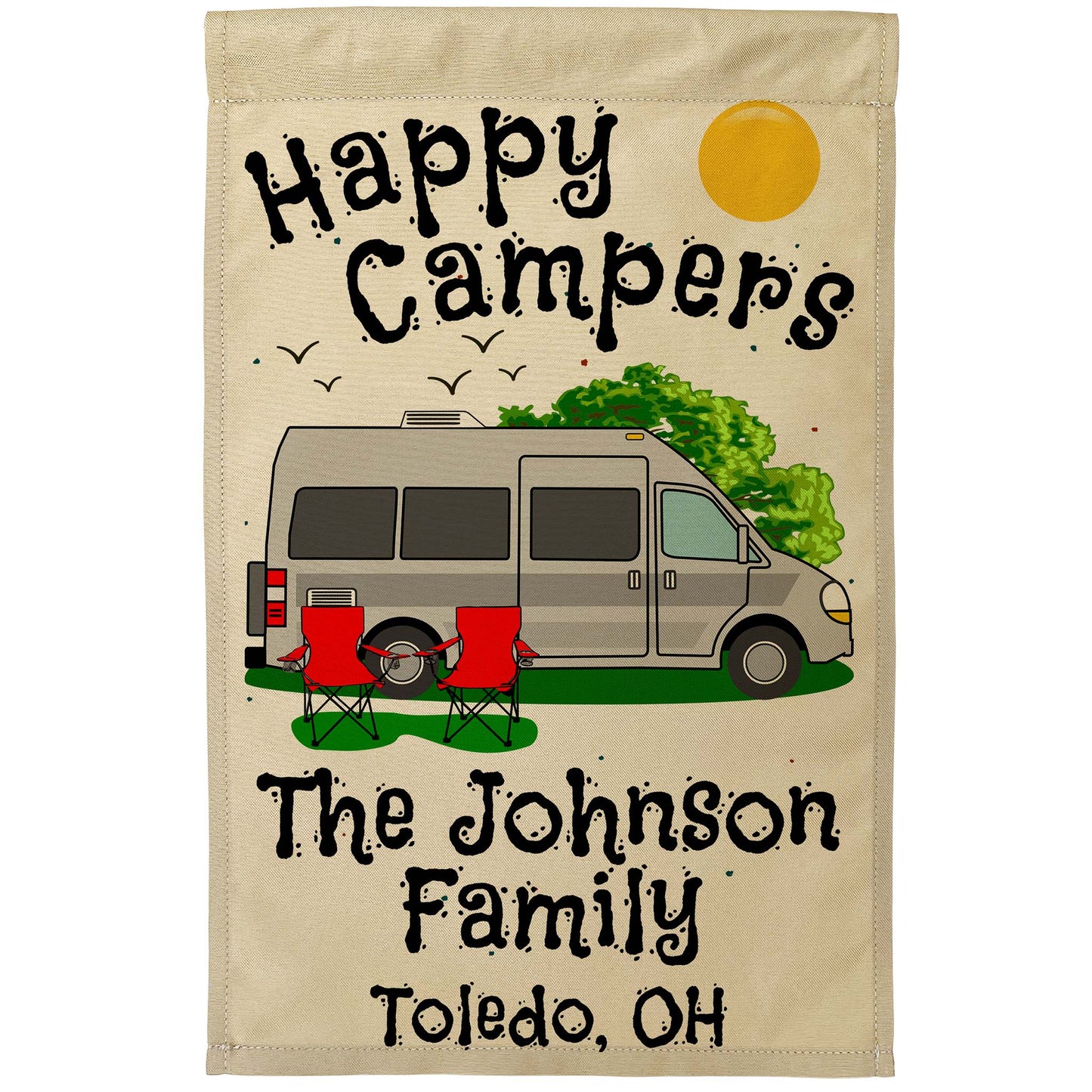 Happy Campers Personalized Camping Flag with Class B Camper Van Motorhome on Tan Fabric
