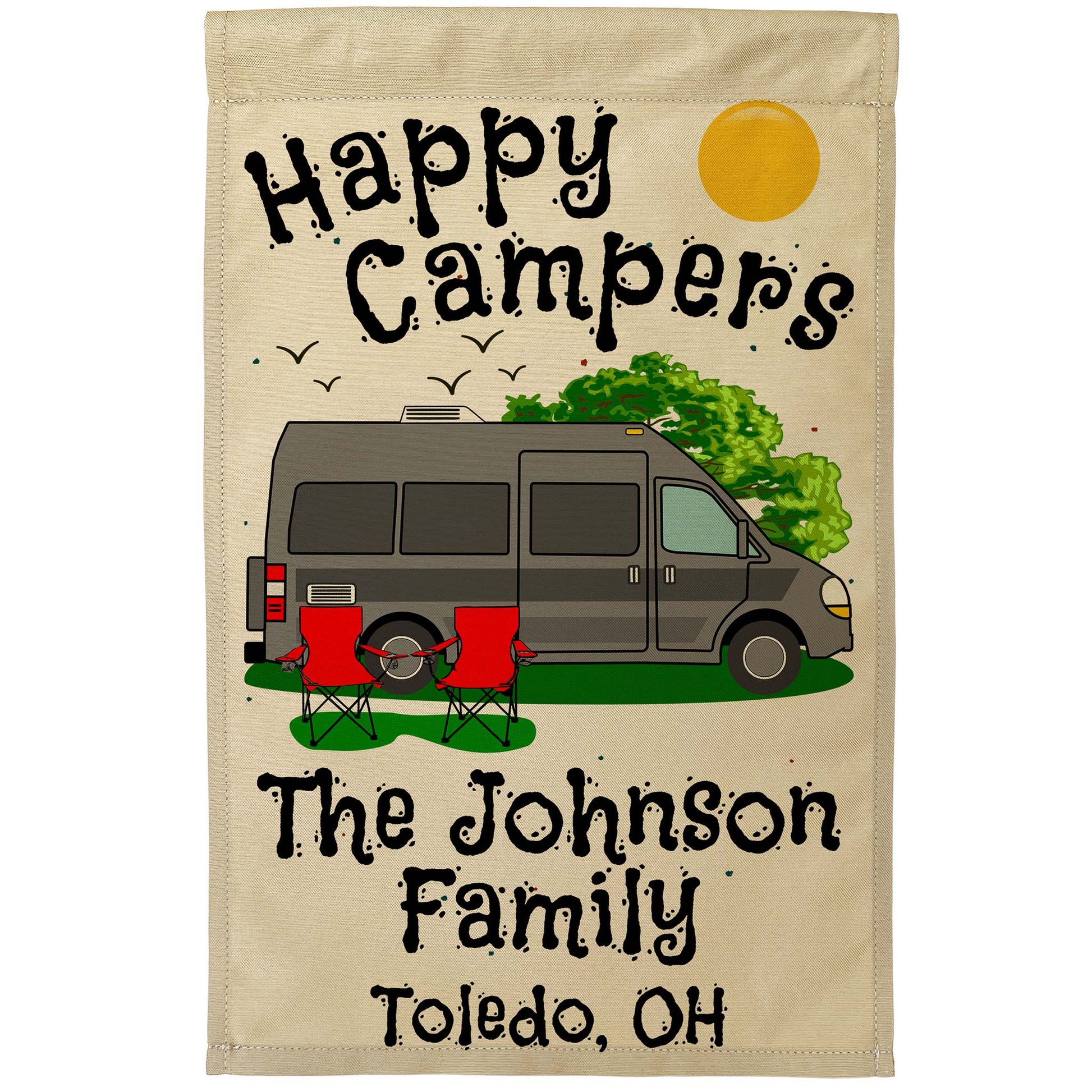 Happy Campers Personalized Camping Flag with Class B Camper Van Motorhome on Tan Fabric