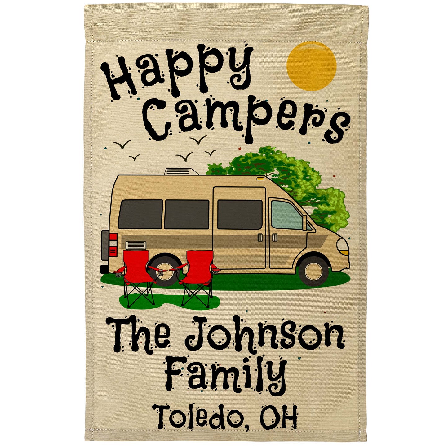 Happy Campers Personalized Camping Flag with Class B Camper Van Motorhome on Tan Fabric