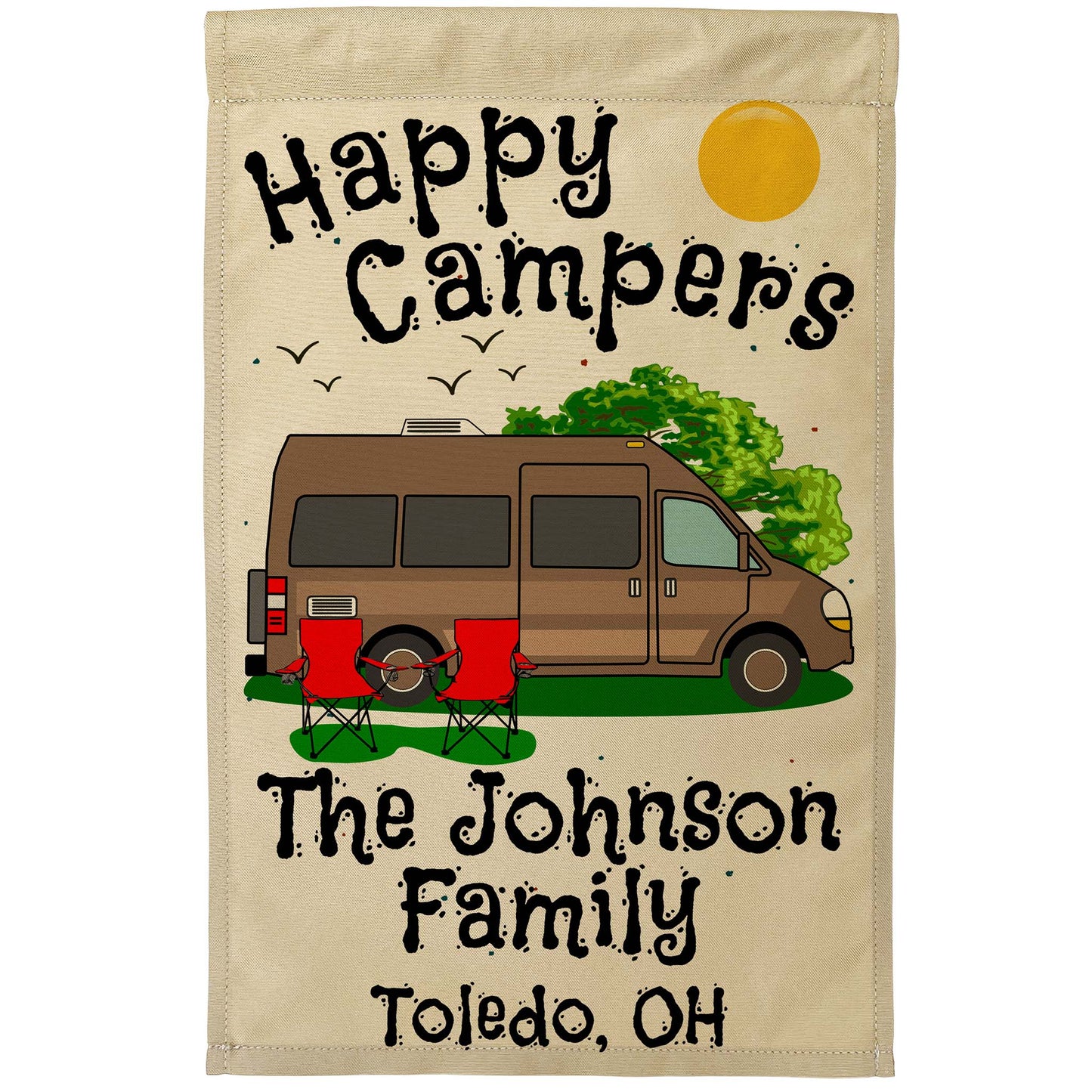 Happy Campers Personalized Camping Flag with Class B Camper Van Motorhome on Tan Fabric