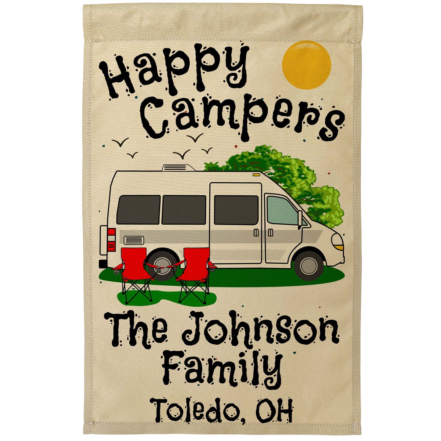 Happy Campers Personalized Camping Flag with Class B Camper Van Motorhome on Tan Fabric
