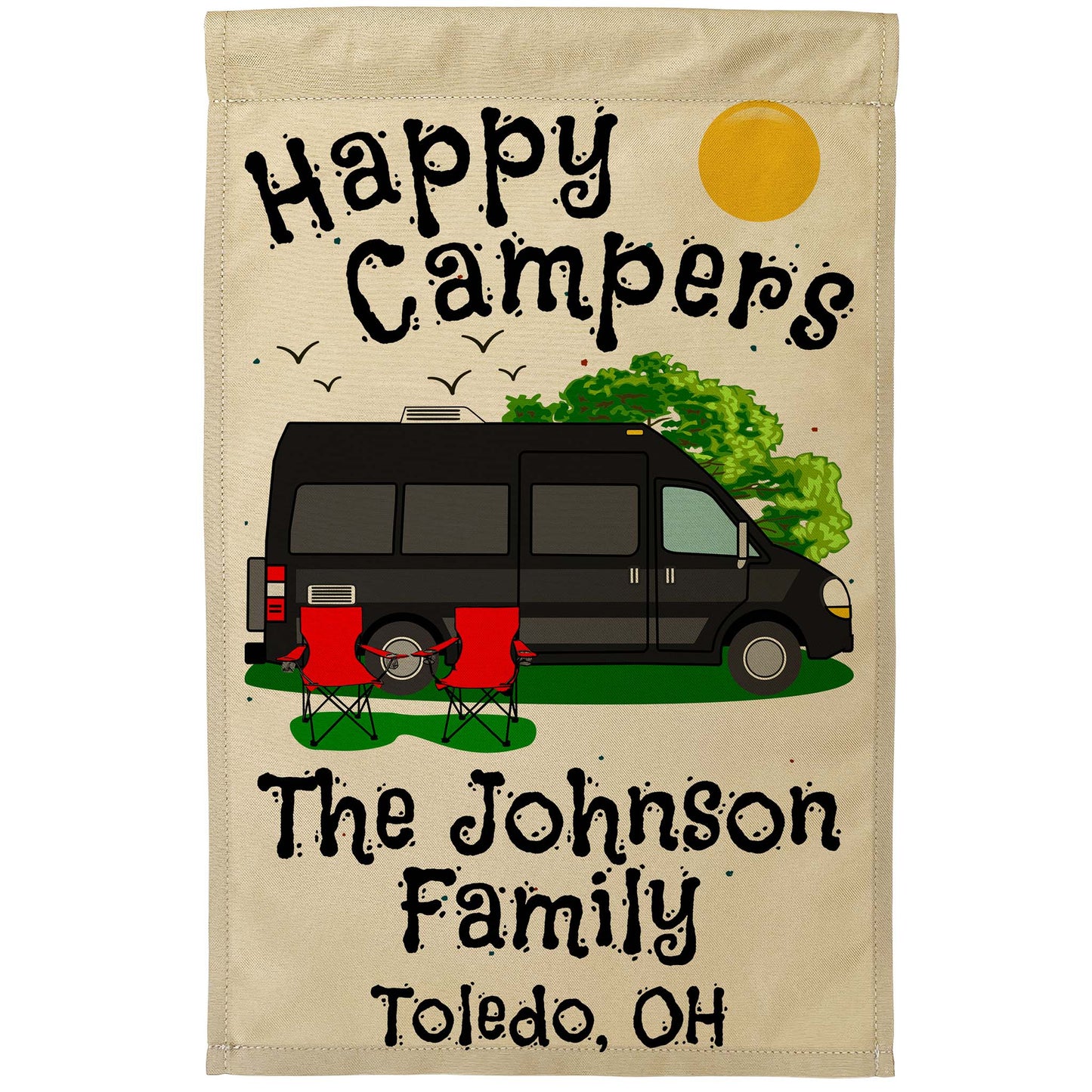 Happy Campers Personalized Camping Flag with Class B Camper Van Motorhome on Tan Fabric