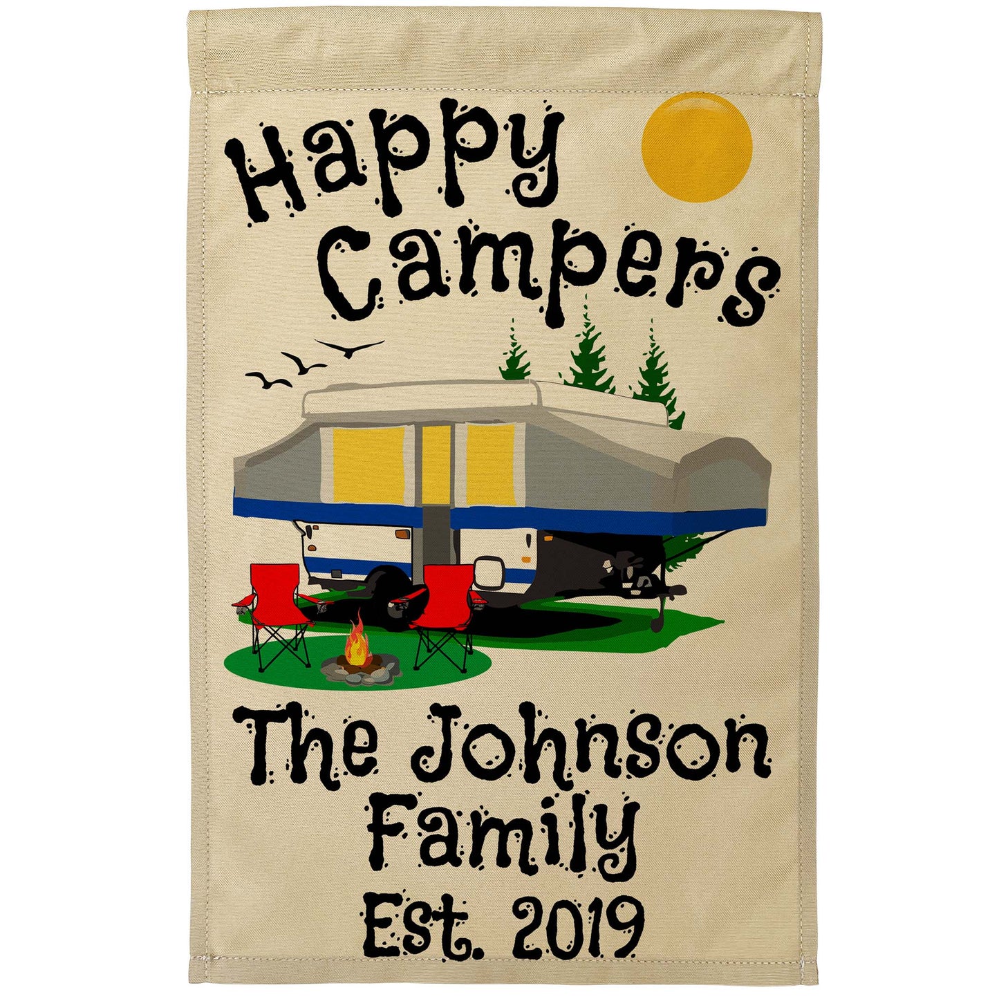 Happy Campers Personalized Camping Flag With Pop Up Camper on Tan Fabric