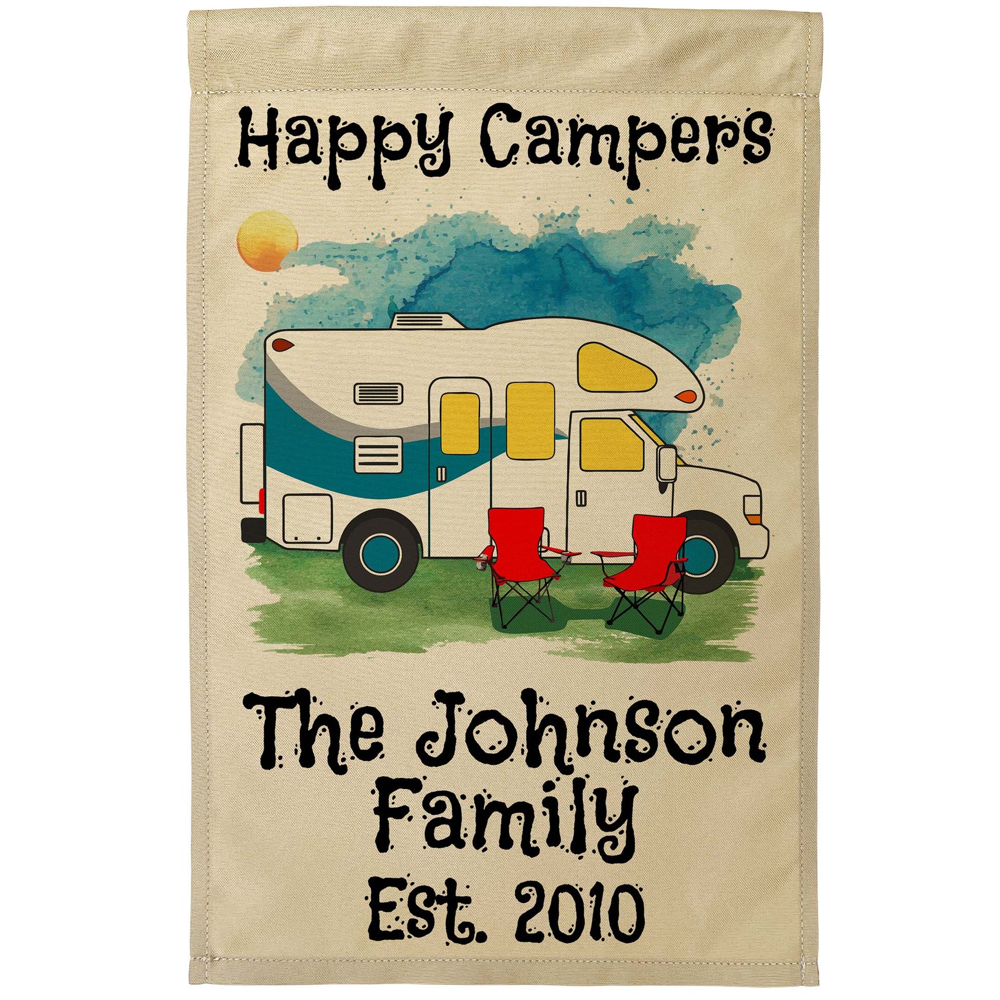 Happy Campers Personalized Water Color Camping Flag with Class C Motorhome