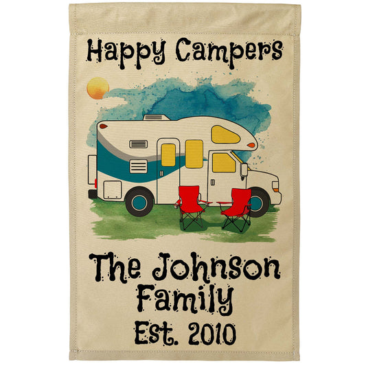 Happy Campers Personalized Water Color Camping Flag with Class C Motorhome