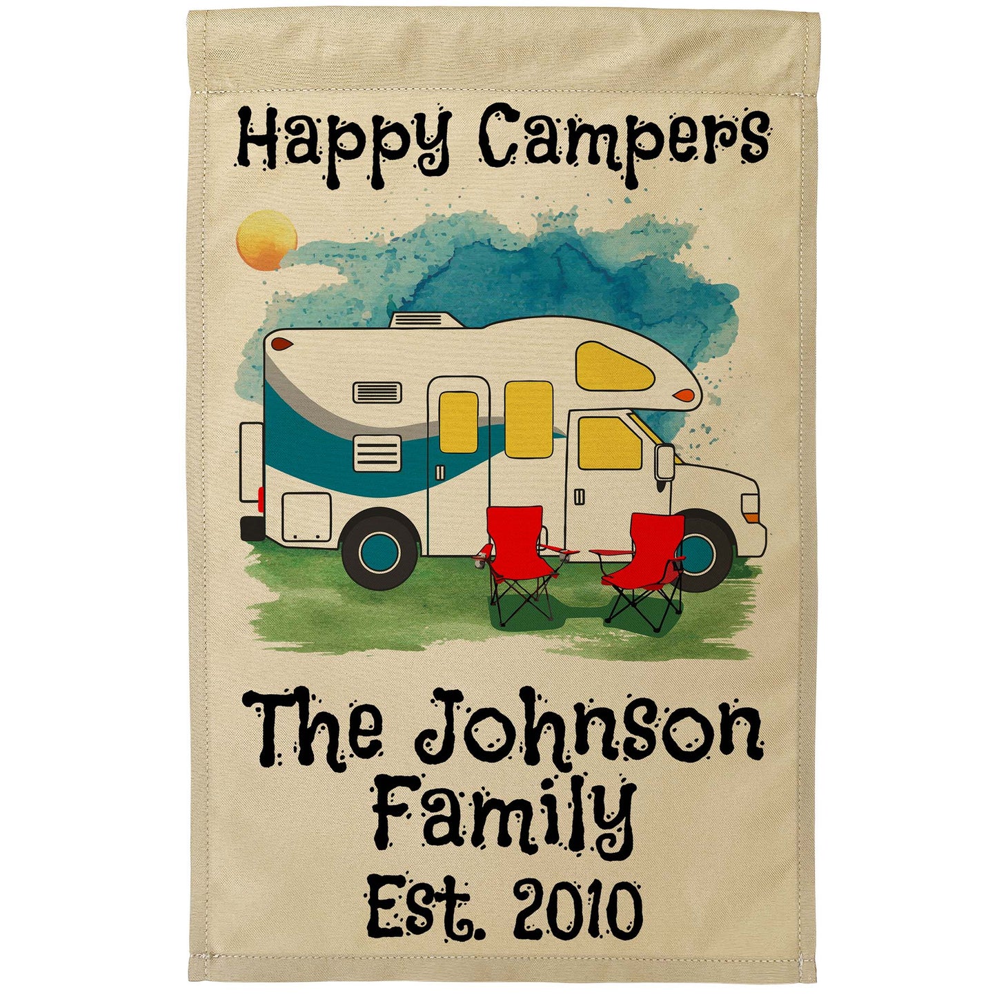 Happy Campers Personalized Water Color Camping Flag with Class C Motorhome