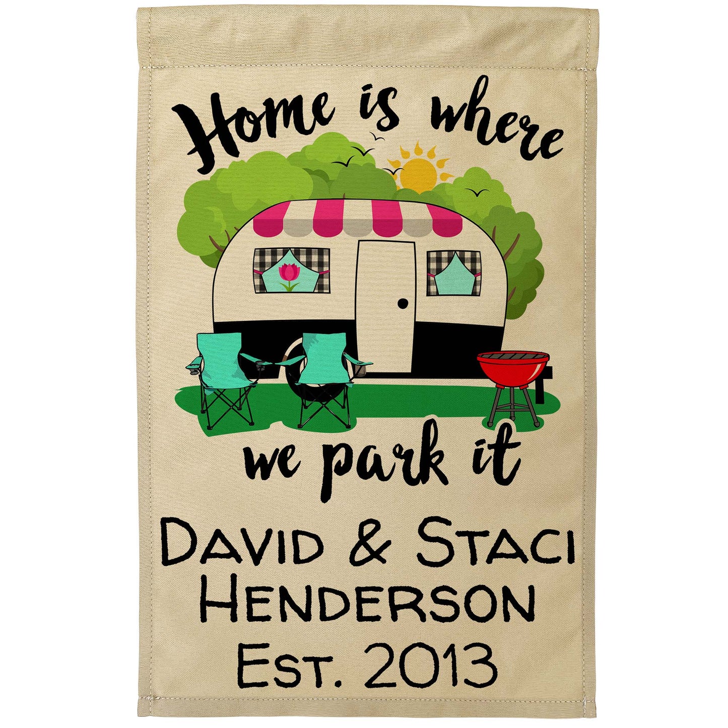 Home is Where We Park It Personalized Camping Flag with Vintage Camper