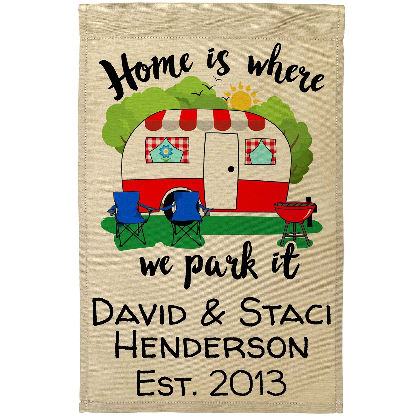 Home is Where We Park It Personalized Camping Flag with Vintage Camper