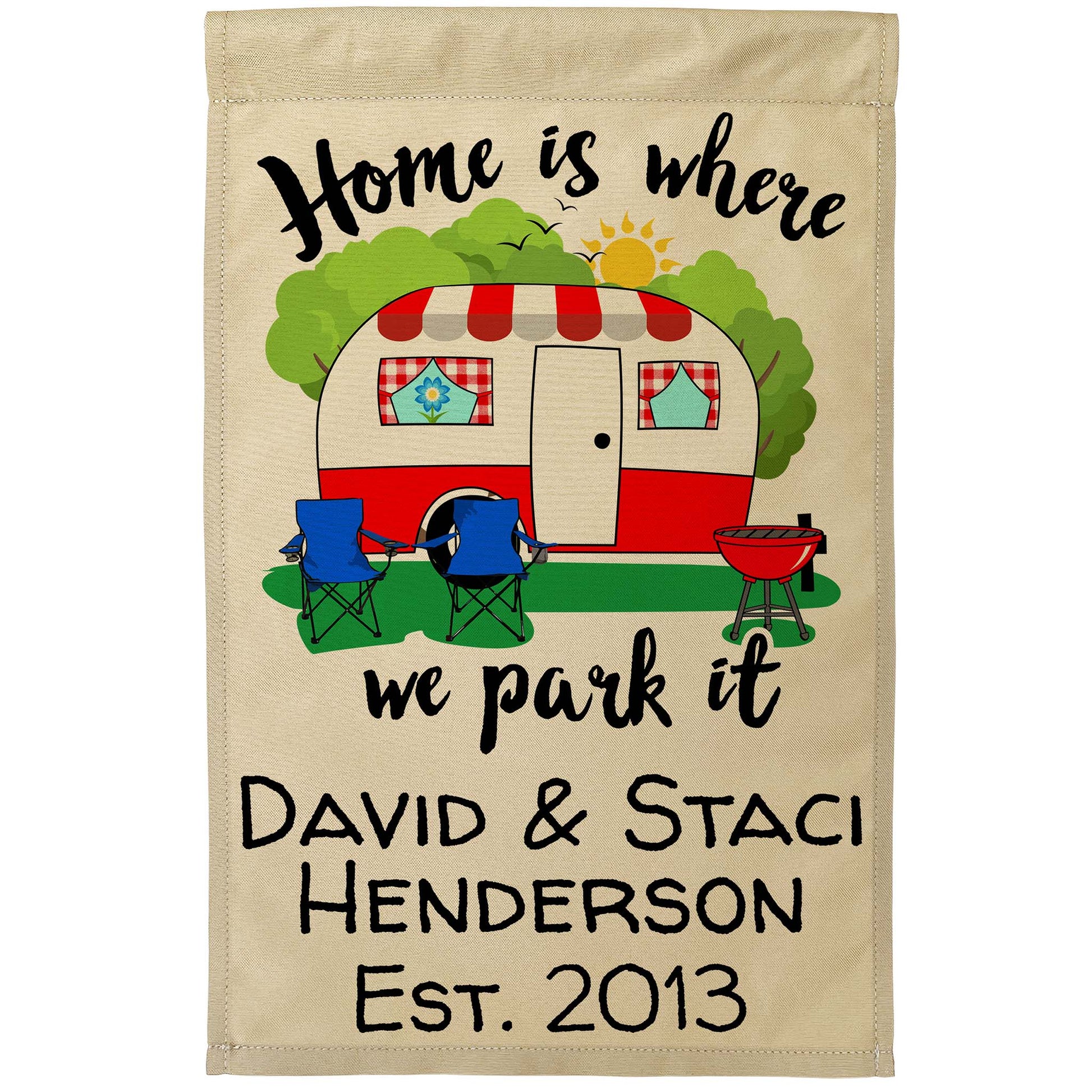 Home is Where We Park It Personalized Camping Flag with Vintage Camper