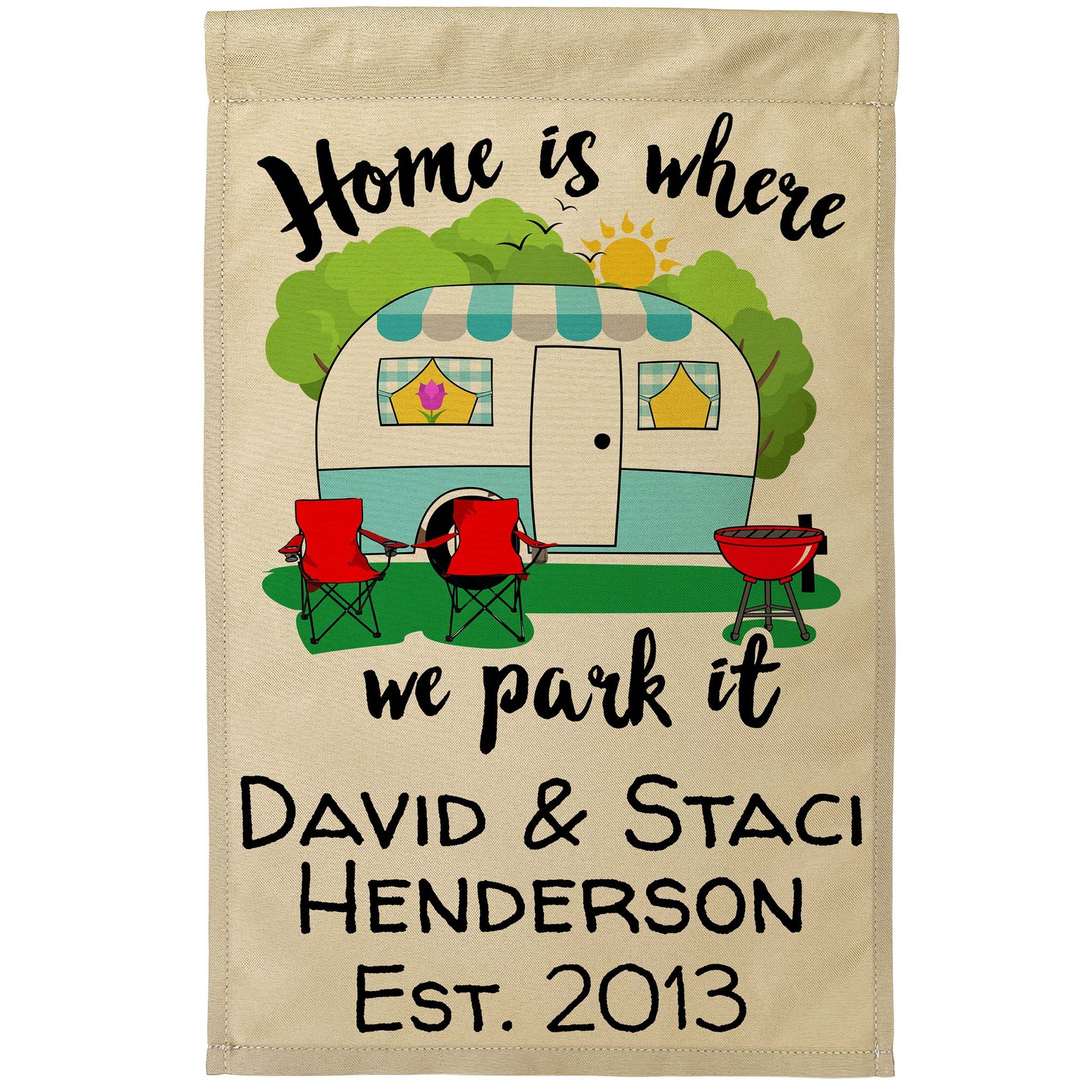 Home is Where We Park It Personalized Camping Flag with Vintage Camper