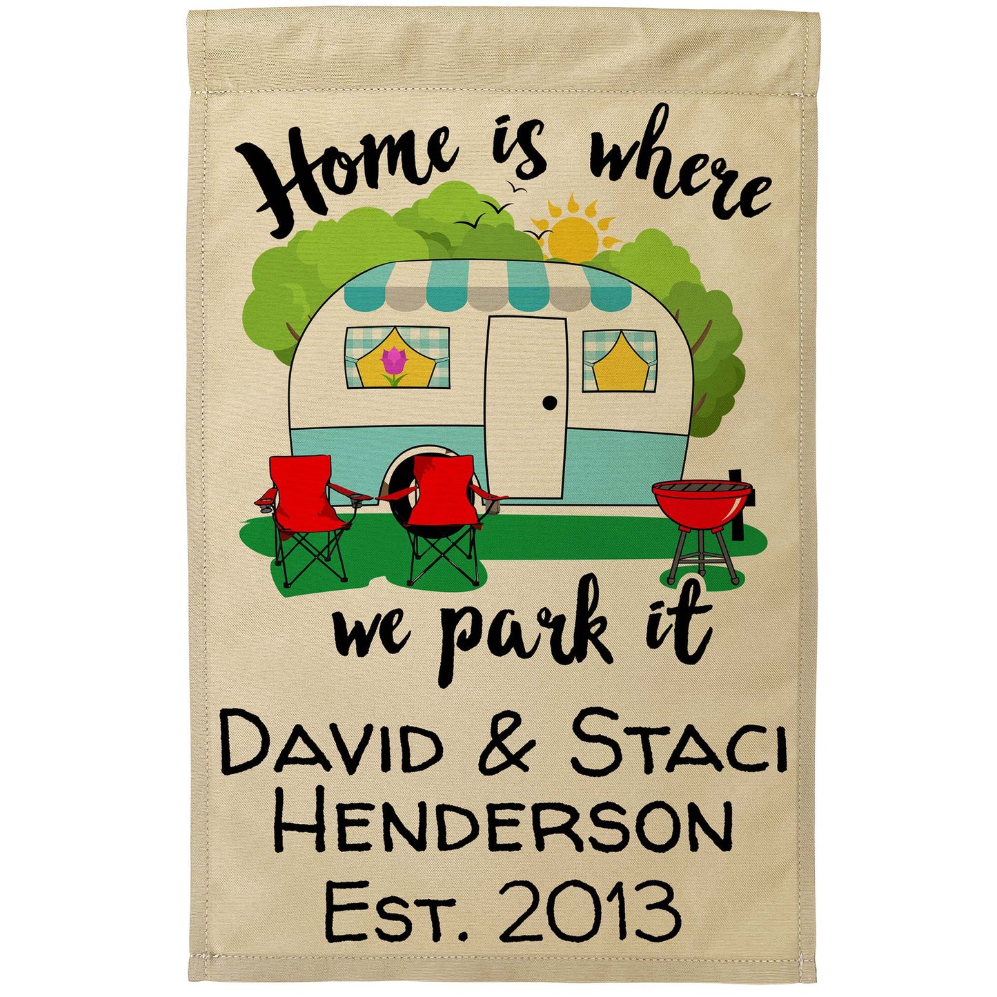 Home is Where We Park It Personalized Camping Flag with Vintage Camper