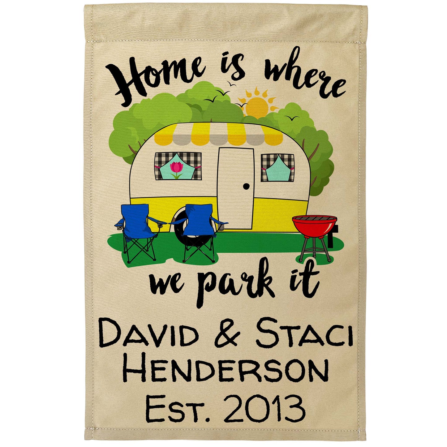 Home is Where We Park It Personalized Camping Flag with Vintage Camper