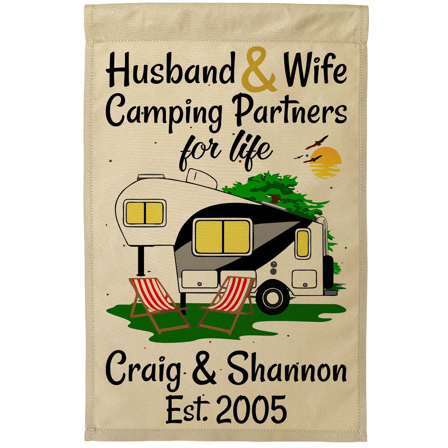 Husband & Wife Camping Partners for Life Personalized Camping Flag with 5th Wheel