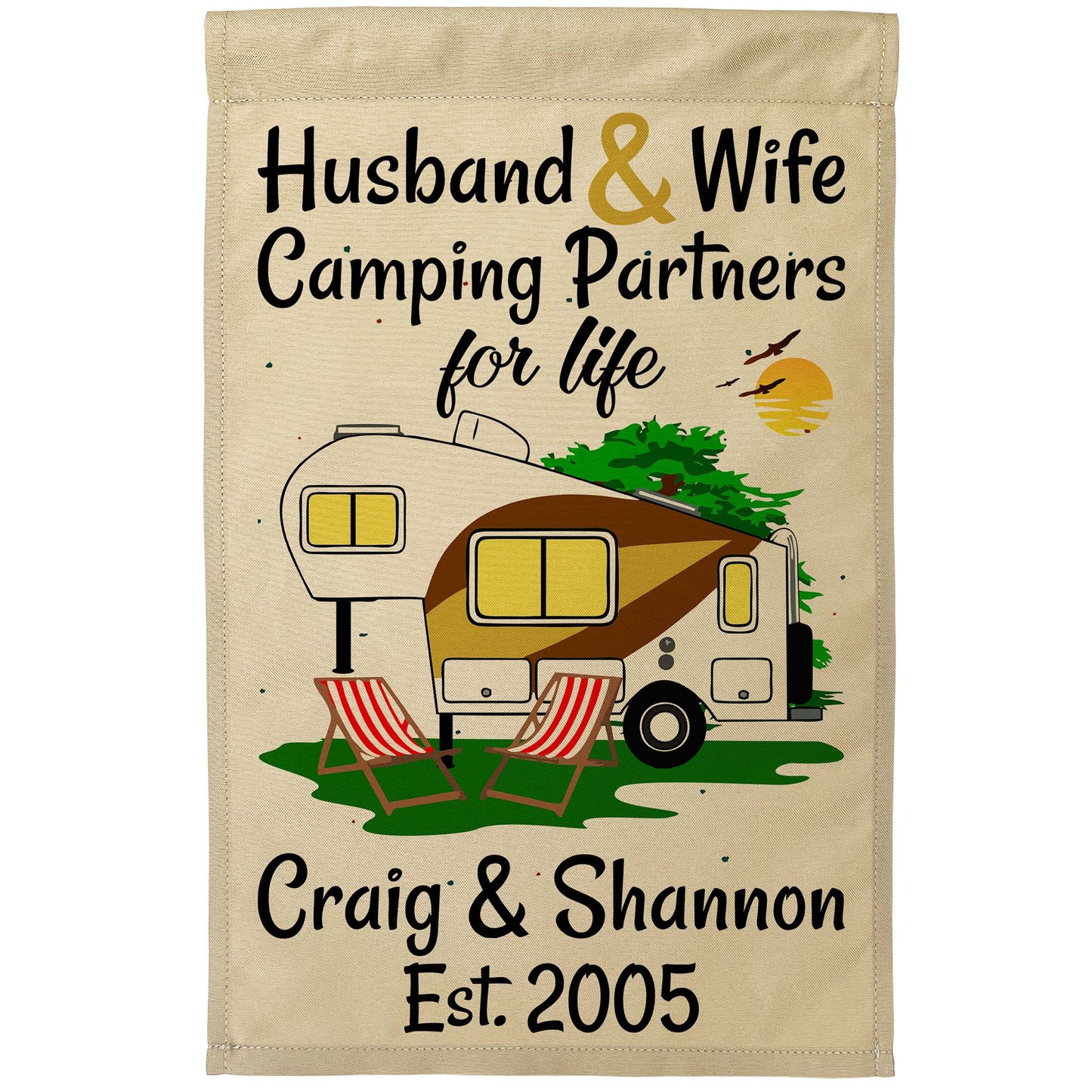 Husband & Wife Camping Partners for Life Personalized Camping Flag with 5th Wheel