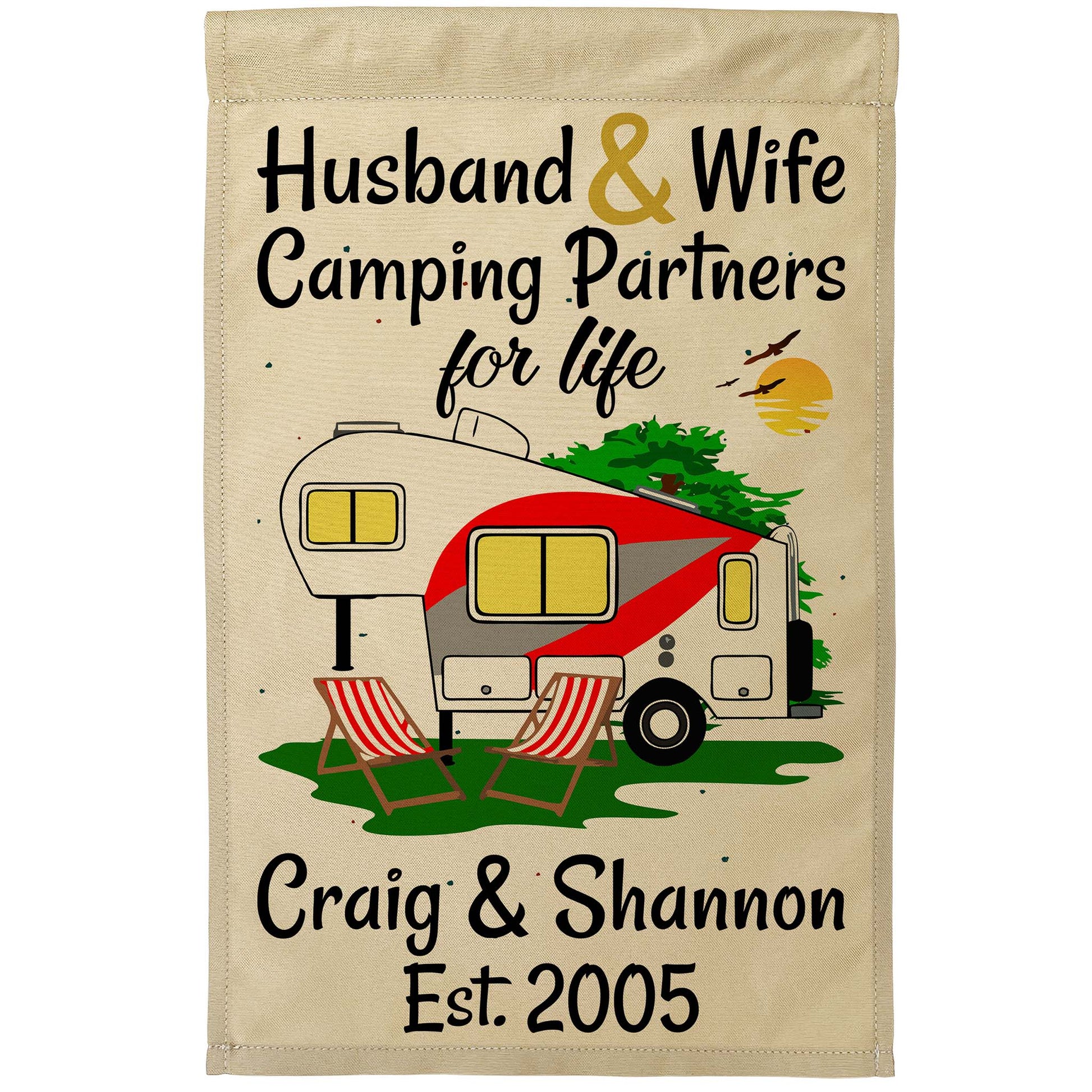 Husband & Wife Camping Partners for Life Personalized Camping Flag with 5th Wheel
