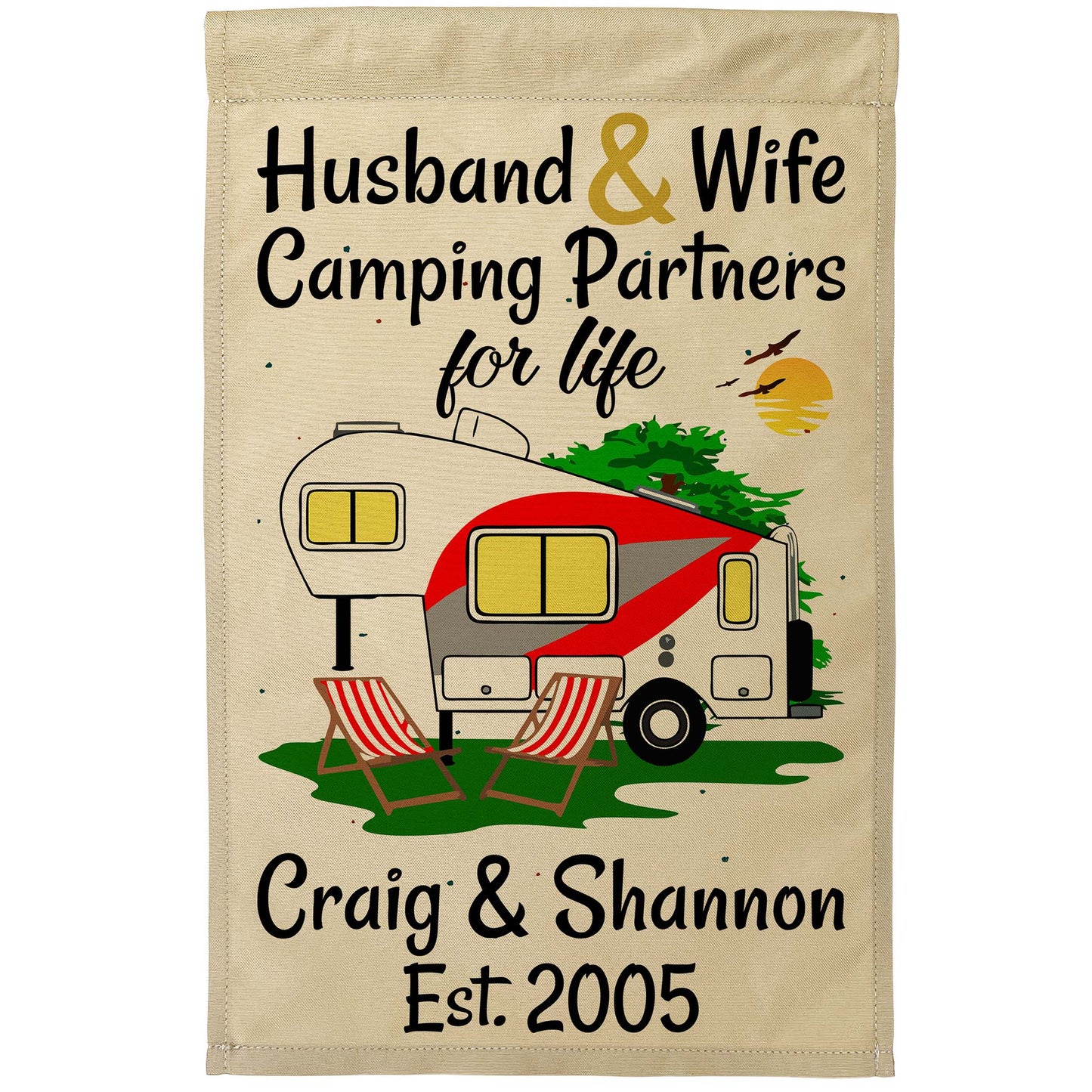 Husband & Wife Camping Partners for Life Personalized Camping Flag with 5th Wheel