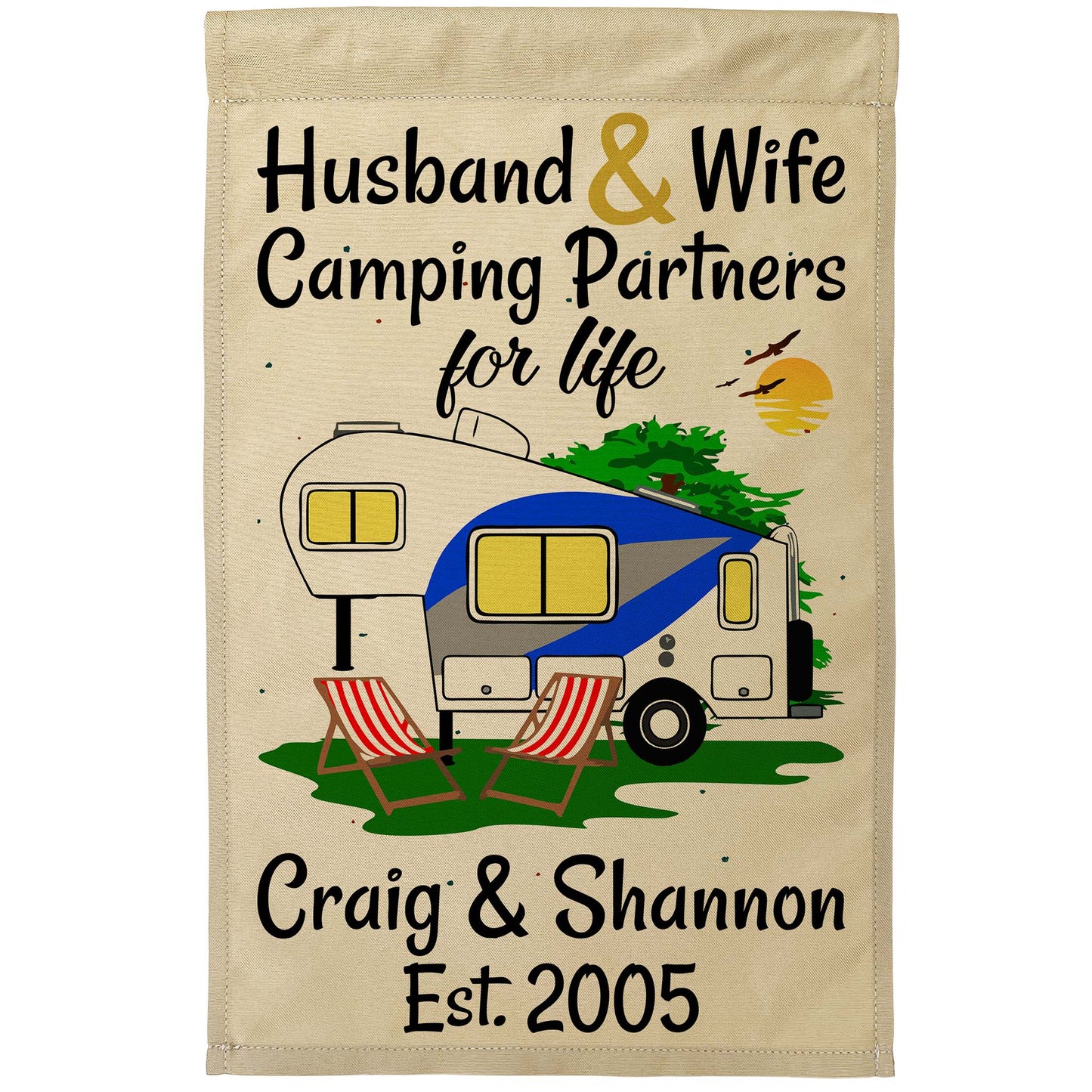 Husband & Wife Camping Partners for Life Personalized Camping Flag with 5th Wheel