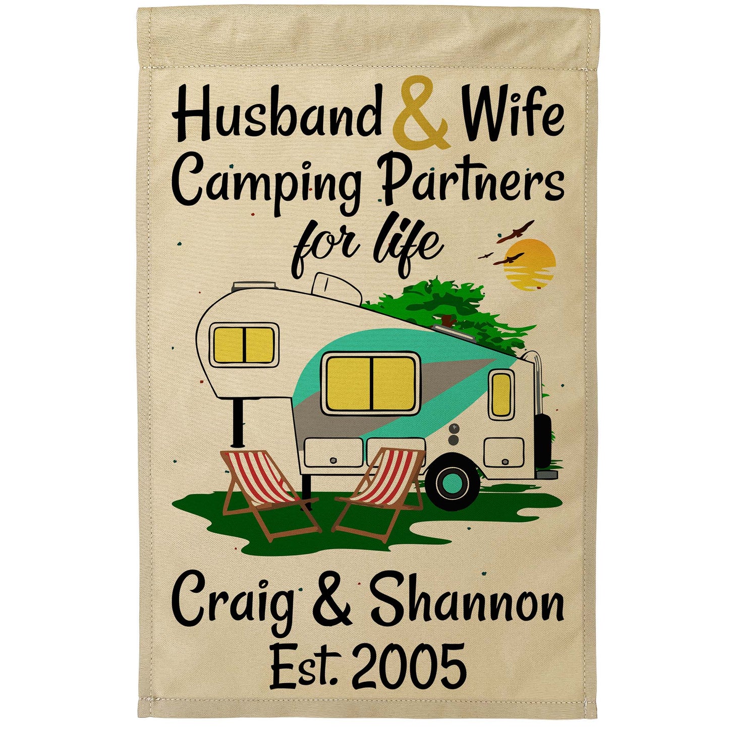 Husband & Wife Camping Partners for Life Personalized Camping Flag with 5th Wheel