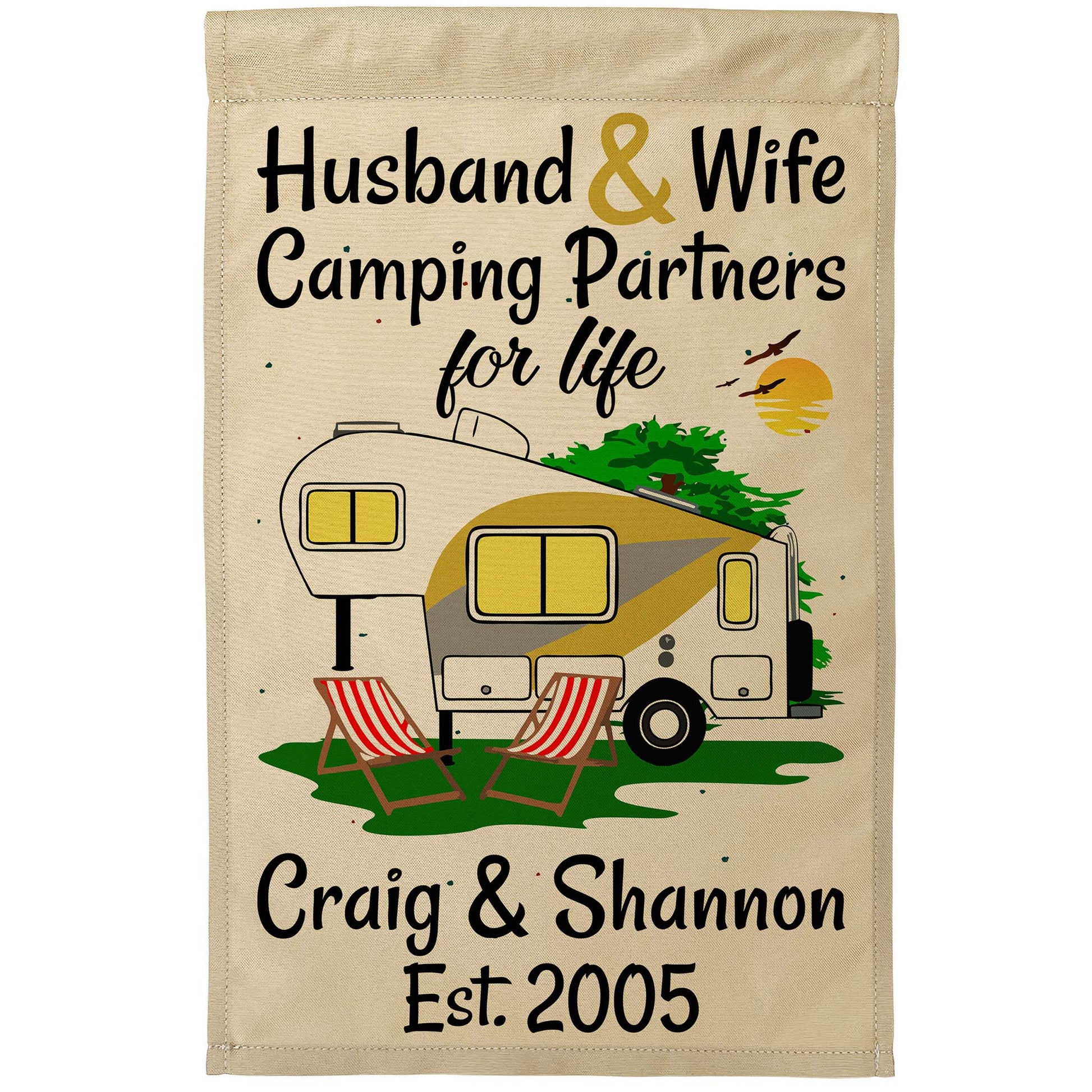 Husband & Wife Camping Partners for Life Personalized Camping Flag with 5th Wheel