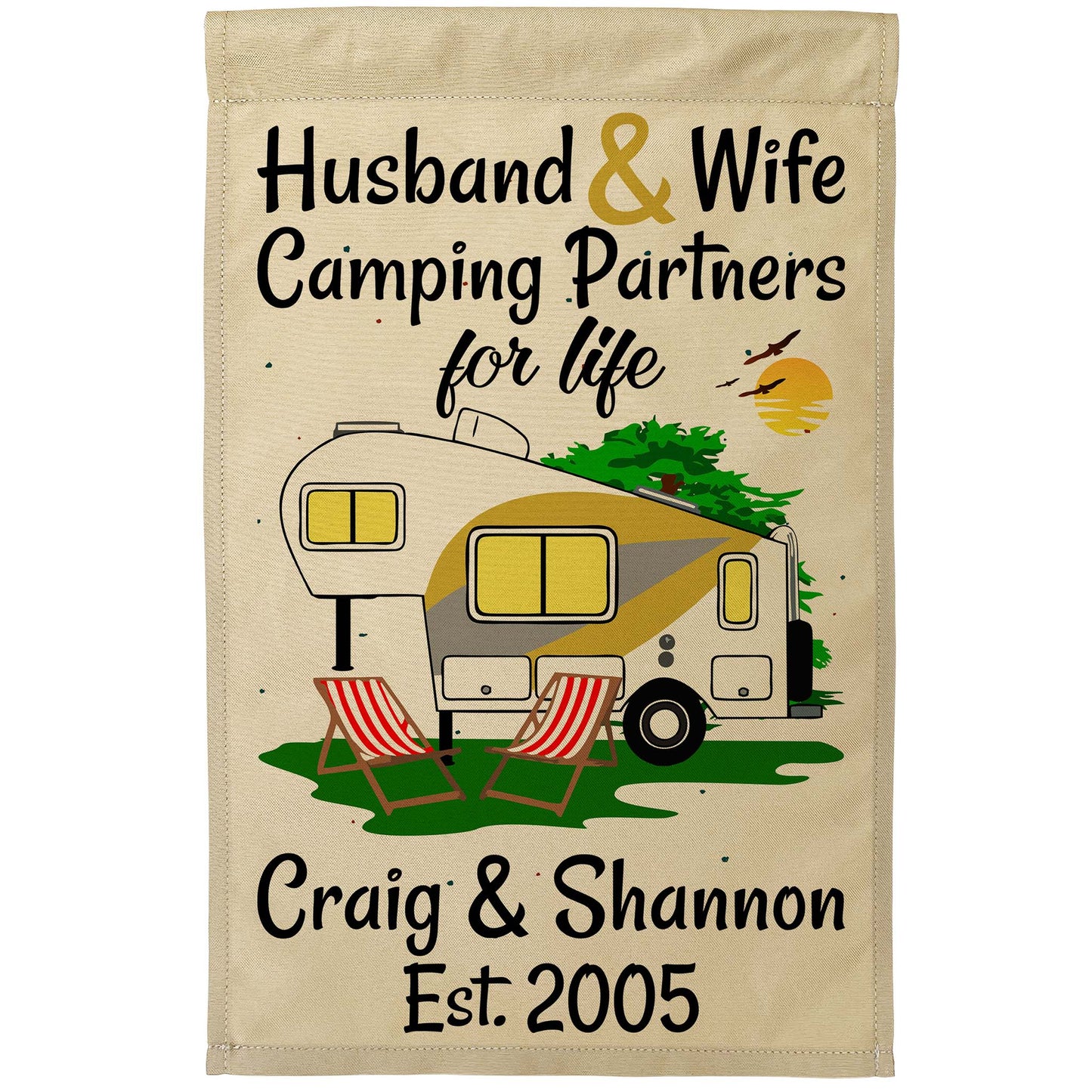 Husband & Wife Camping Partners for Life Personalized Camping Flag with 5th Wheel