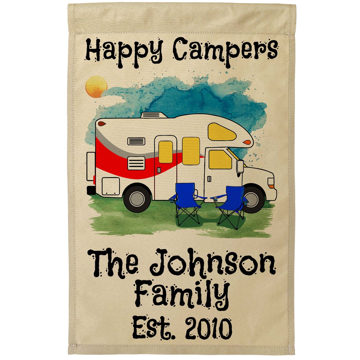 Happy Campers Personalized Water Color Camping Flag with Class C Motorhome