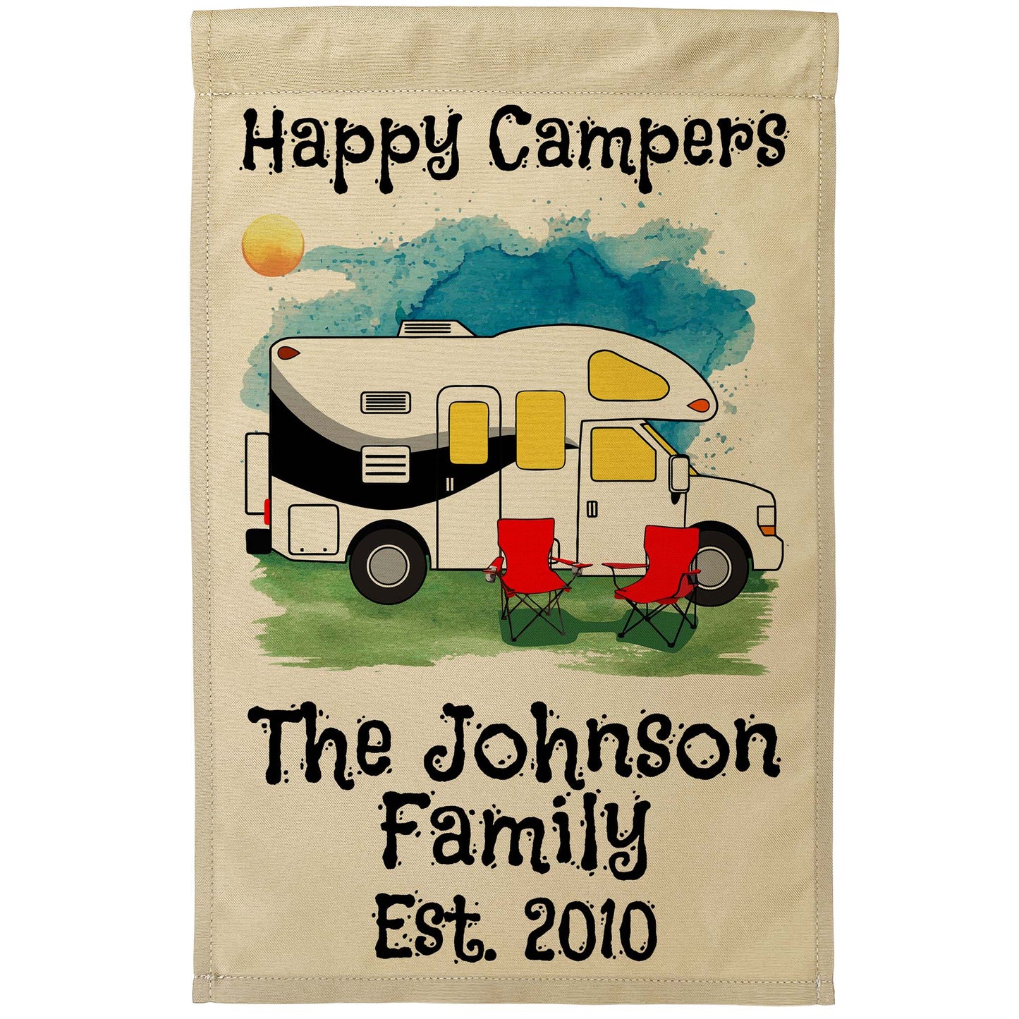 Happy Campers Personalized Water Color Camping Flag with Class C Motorhome