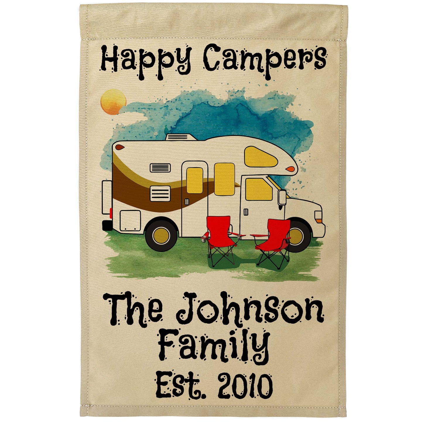 Happy Campers Personalized Water Color Camping Flag with Class C Motorhome